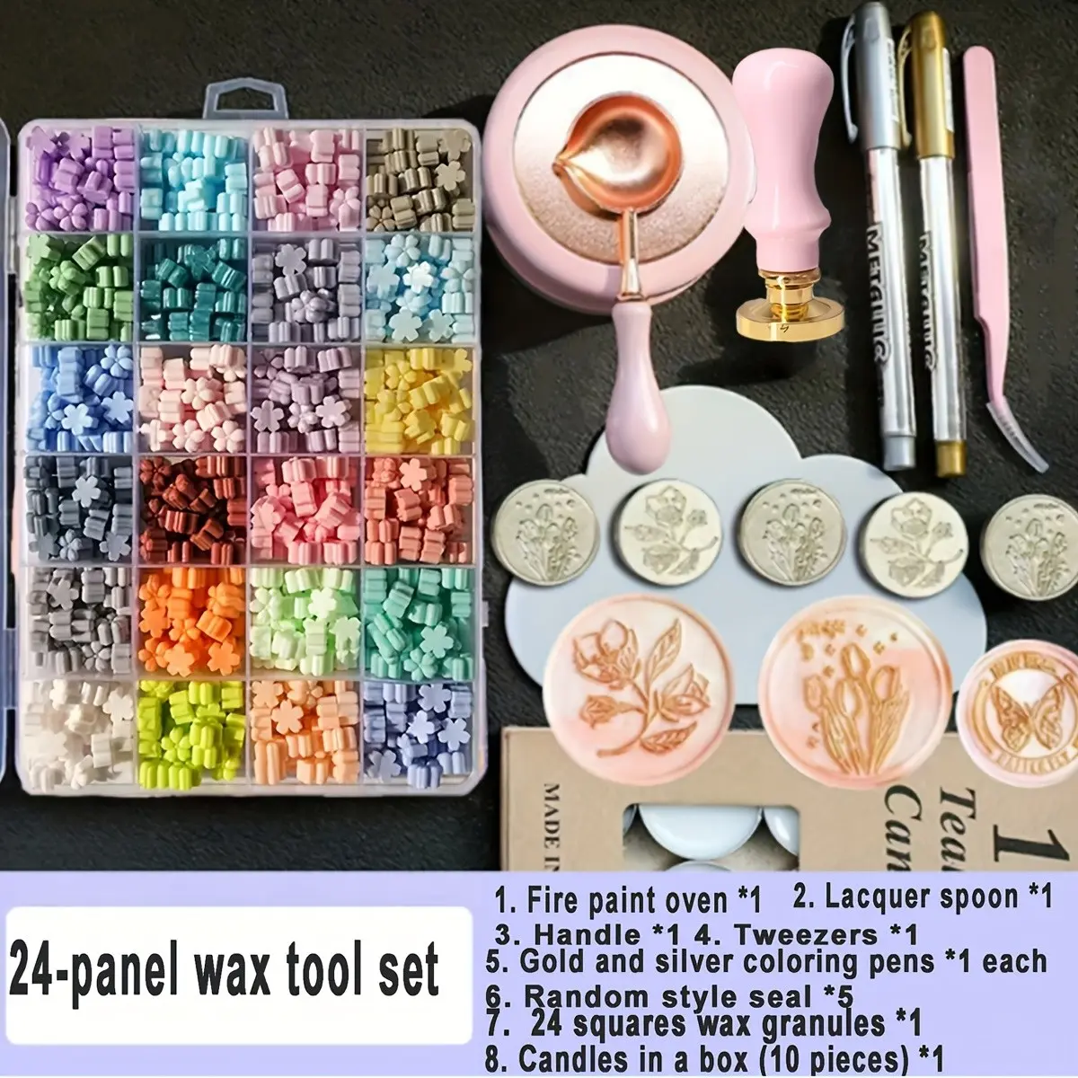 Complete Wax Seal Kit, 24-Cell Wax Stamp Set, Steel Stamp Head, No Ink Required, Essential Tool for Envelopes & Documents, Granules, Tweezers