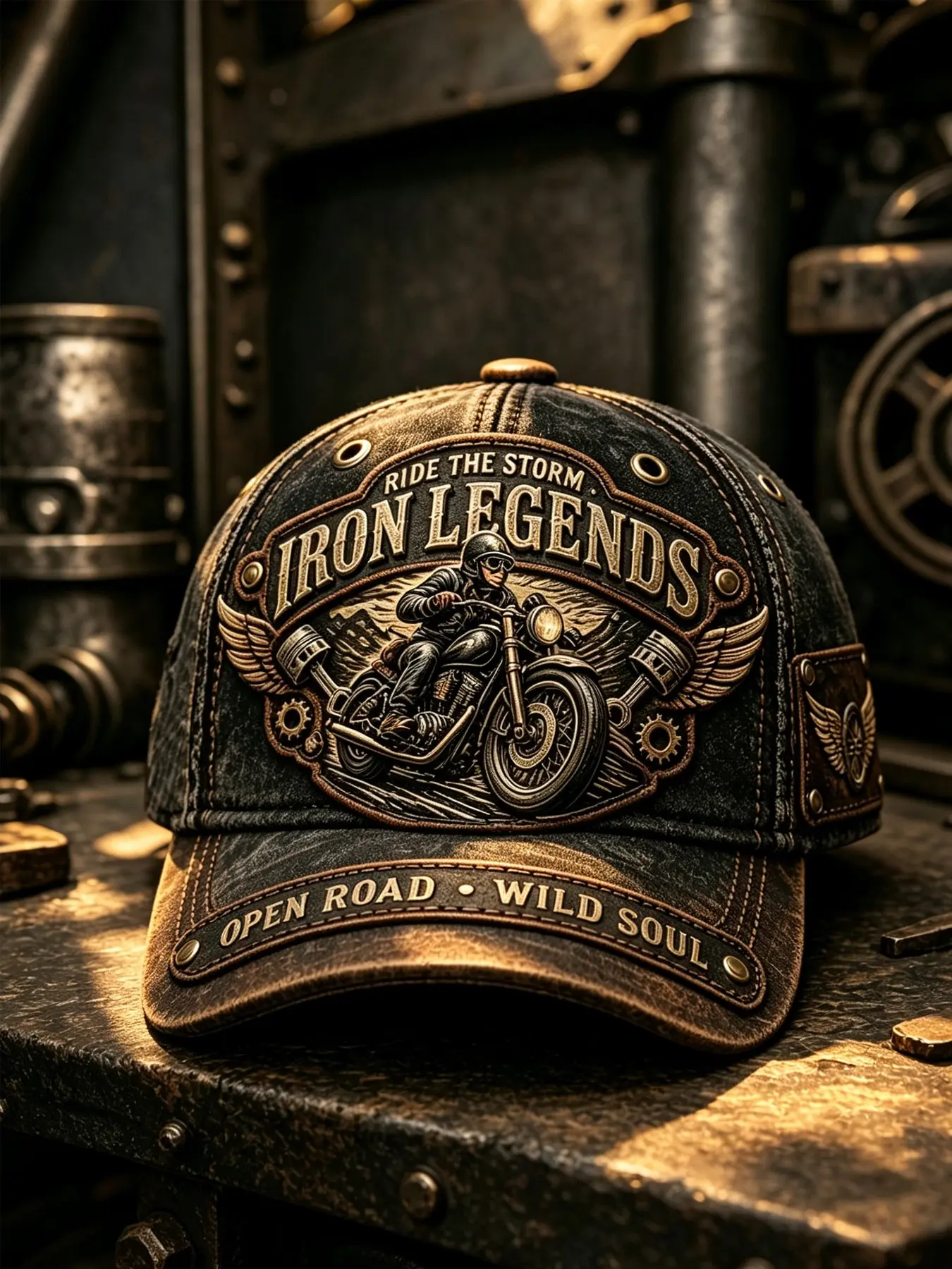 Iron Legends Motorcycle Baseball Hat, Vintage Leather Truck Driver Cap, Adjustable Metal Rivet Bike Helmet, Unisex Daily Wear