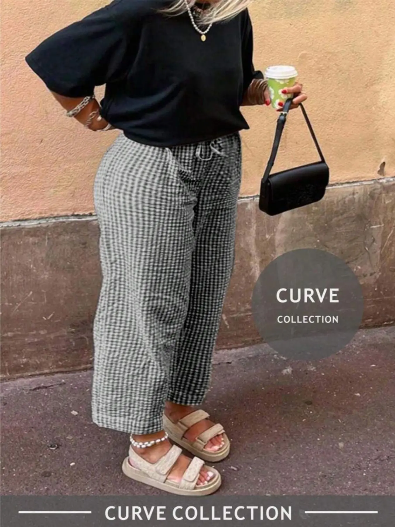 Plus Size Check Cropped Pants Casual Drawstring Waist Loose Pants, Basic Daily Bottoms, Relaxed Fit Casual Ensembles, Stylish Straight Leg Breathable Outfit