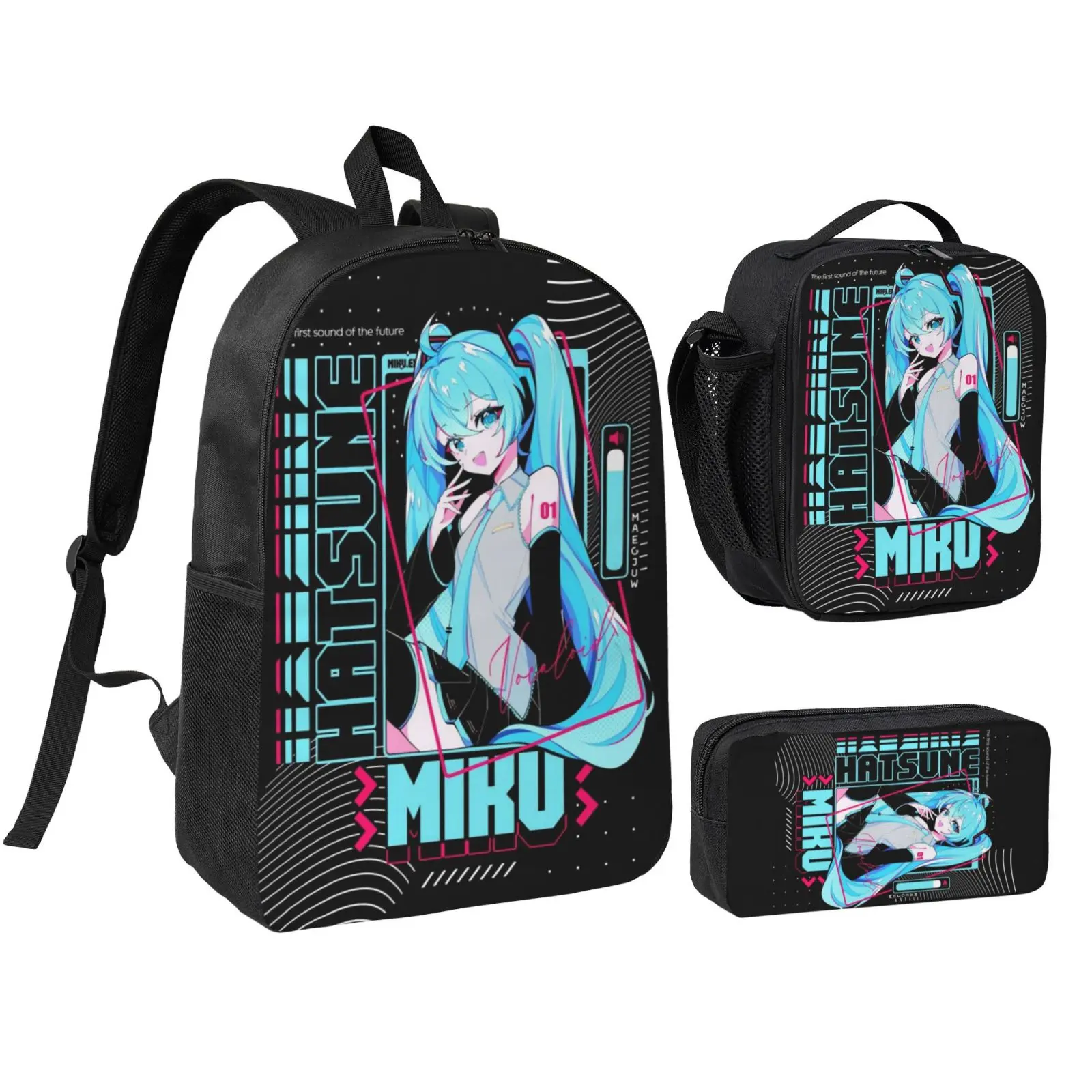 Anime Miku3 3Pcs School Backpack Set for Teen Boys Girls, Adjustable Shoulder Straps Lightweight Bookbag with Insulated Lunch Bag & Pencil Case, School bag, Travel Office Daily Bag