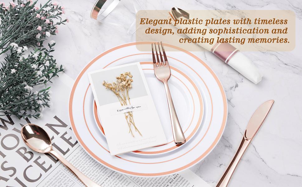 350PCS Rose Gold Plastic Plates & Silverware Set for 50 Guests – Includes 100 Plates, 50 Napkins with Rose Gold Cutlery & 50 Cups for Weddings, Anniversaries & Special Events Birthday Party Tray Mother's day Baby Showers Disposable