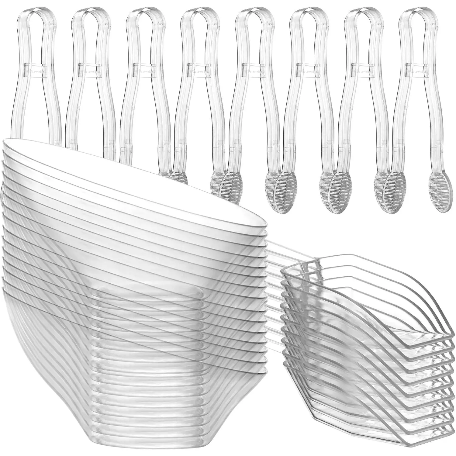 Clear Plastic Candy Bowls 6 oz (32 Pcs Set) - 16 Angled Bowls w/ 8 Scoops & 8 Tongs, Hard Disposable Candy Bar Containers for Buffets, Ice Cream Sundae Dessert Supplies, Toppings & Party Serving Cups