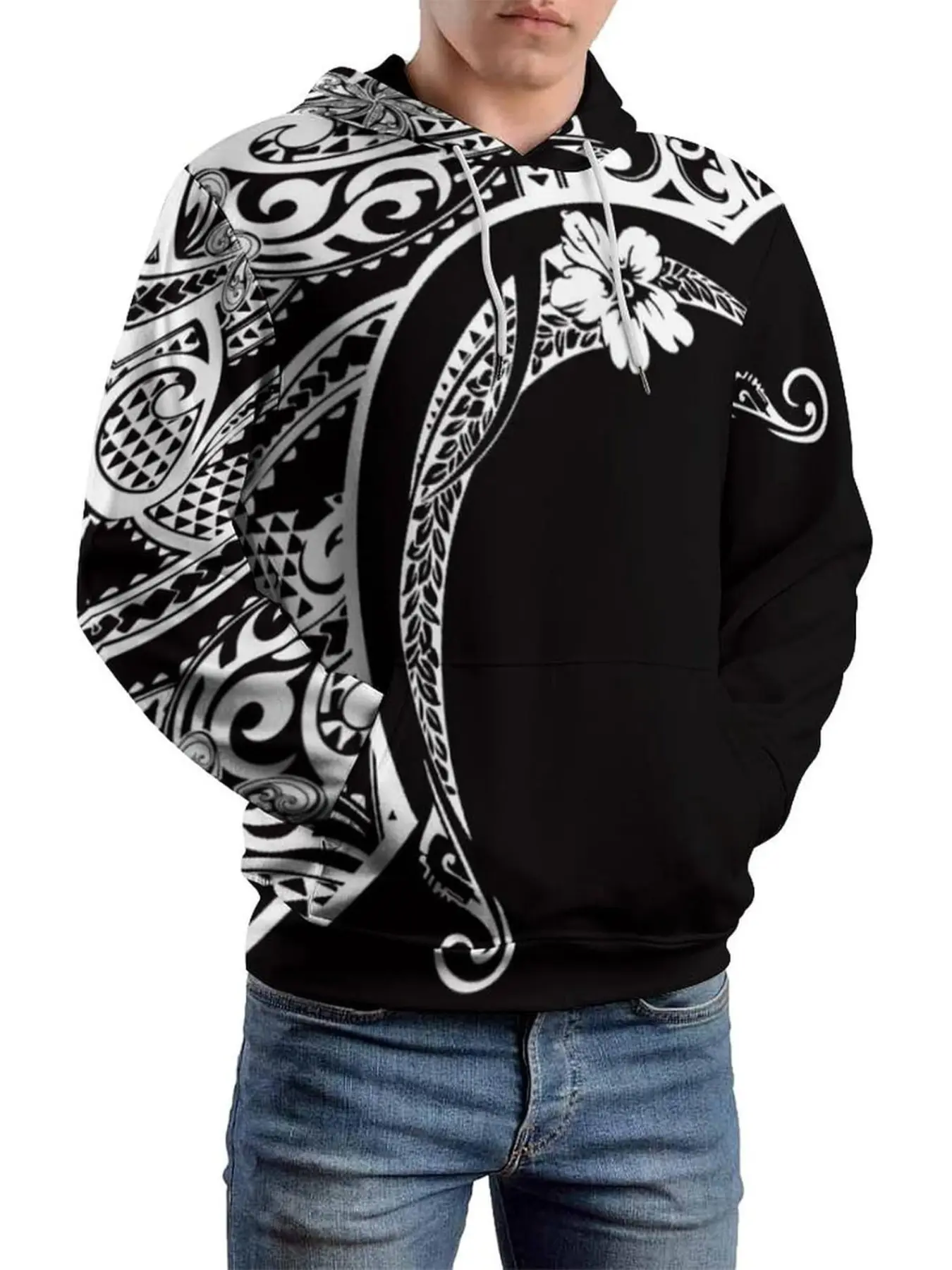 Polynesian Totem Hibiscus Black and White Ethnic Style Hoodie