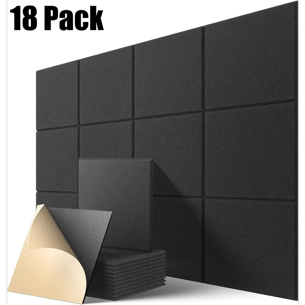18-Piece Self-Adhesive Soundproof Panels, 12" X 12" X 0.4" High-Density Foam, Wall Insulation for Interior Wall, Home and Office Noise Reduction, Acoustic Wall Panels