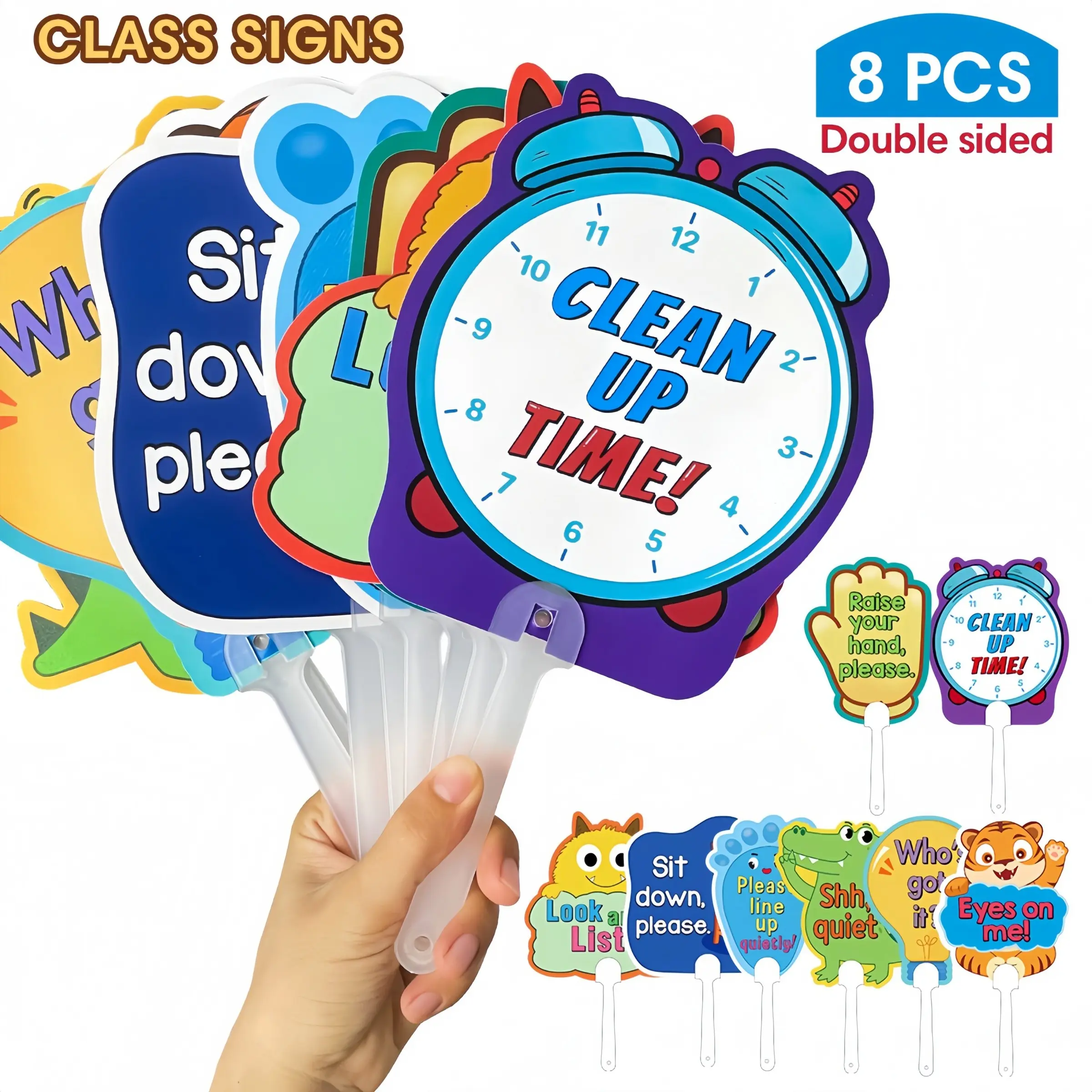 8-Piece English Classroom Interactive Handheld Signs Set, Teacher Instruction Cards, Early Education Teaching Aids, Classroom Management Tools