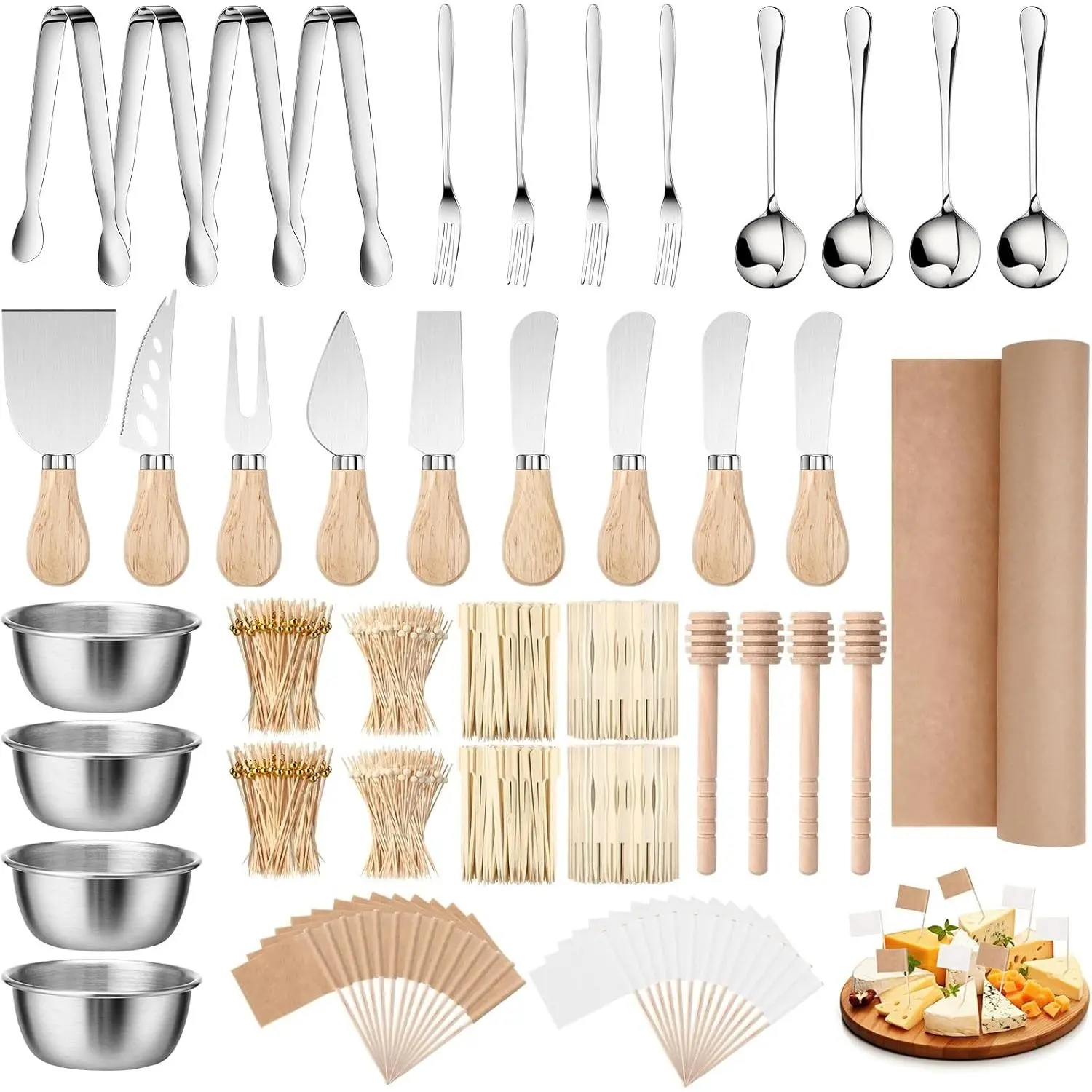 270 Pcs Charcuterie Board Accessories Set, Silver Cheese Butter Spreader Knives, Butcher Paper Roll, Serving Tongs, Forks, Spoons, Dipping Bowls & Dippers, Cocktail Picks for Party Wedding Christmas