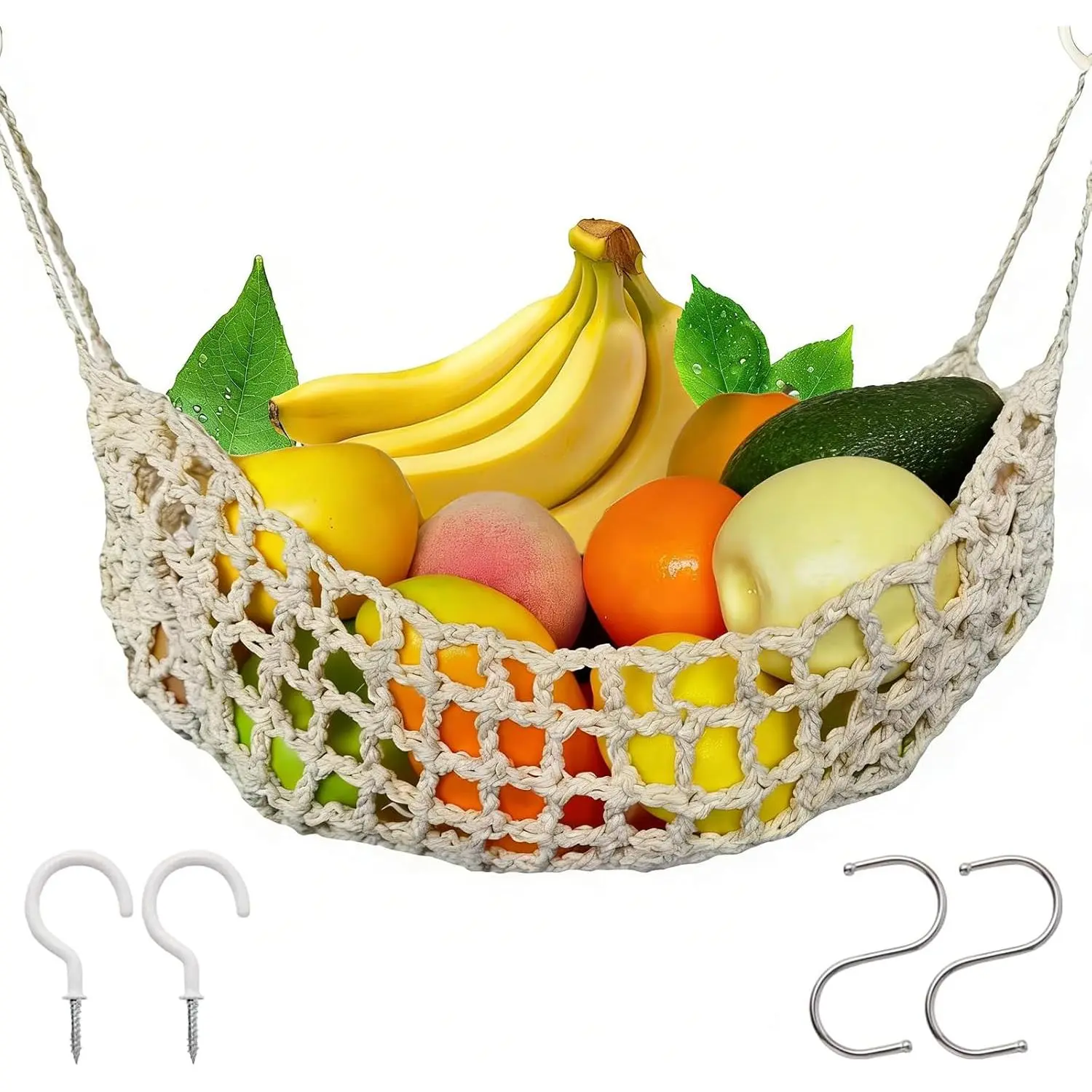 Hanging Fruit Hammock Under Cabinet, 13×16in Macrame Hanging Fruit Basket with 4 Hooks for Kitchen Home Boat RV Fruit Veggie Storage, Beige