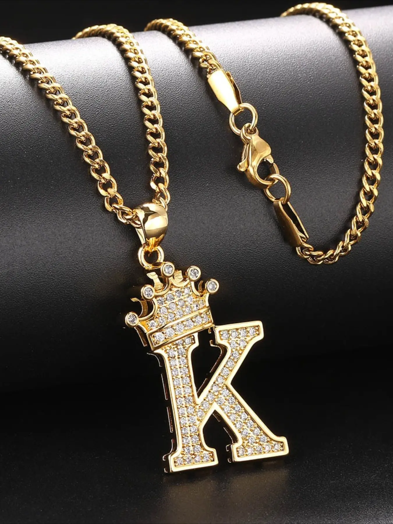[Golden Crown Pendant] 18K Golden Plated Stainless Steel Crown Pendant Necklace | Men's Retro & Hip-Hop Style Jewelry with Sparkling Cubic Synthetic Zirconia Letter K - Suitable for Daily Wear, Parties, Year-Round Elegance Fashion Necklace