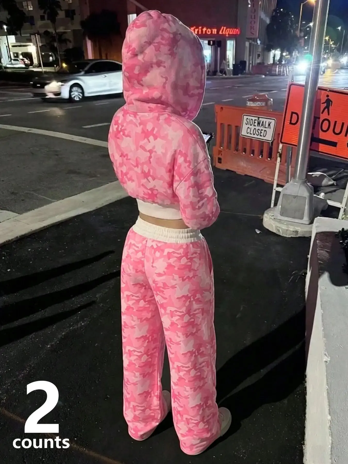 2-Piece Women's Pink Camo Hooded Tracksuit Set, Zip-Up Cropped Hoodie Paired With Elastic Waist Wide-Leg Pants, Suitable For Y2K Streetwear, Shopping Trips And Daily Casual Wear