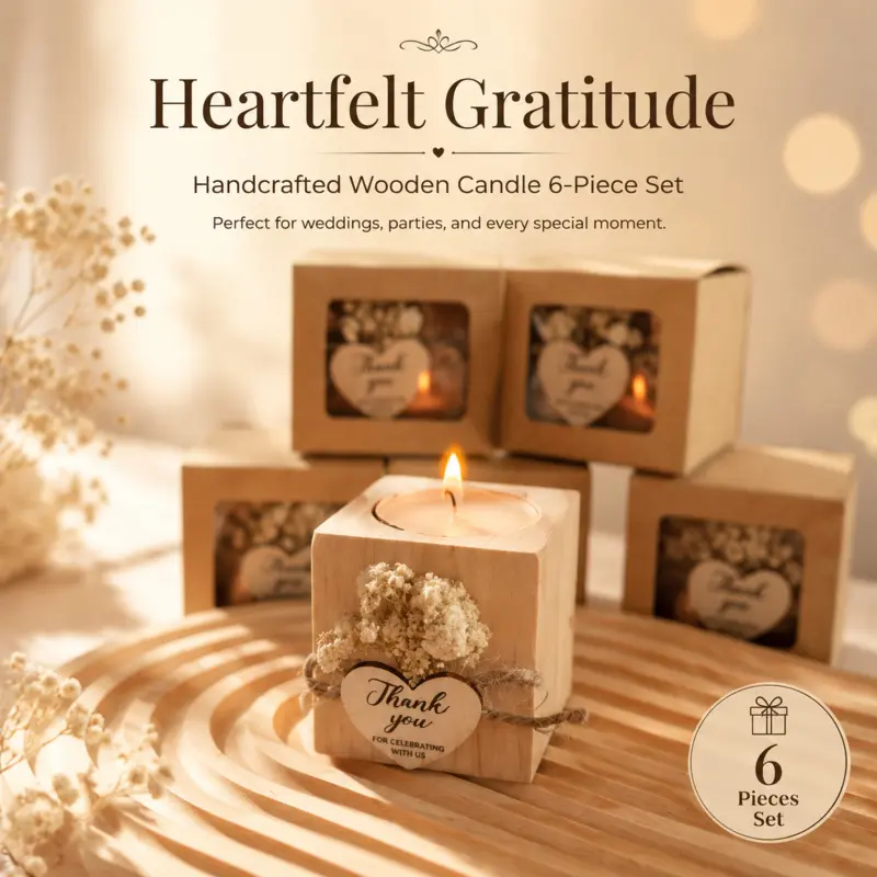 6 piece handmade wooden candle favor set dried baby breath thank you tag soy wax tealight candle gift for wedding bridal shower party guest favors