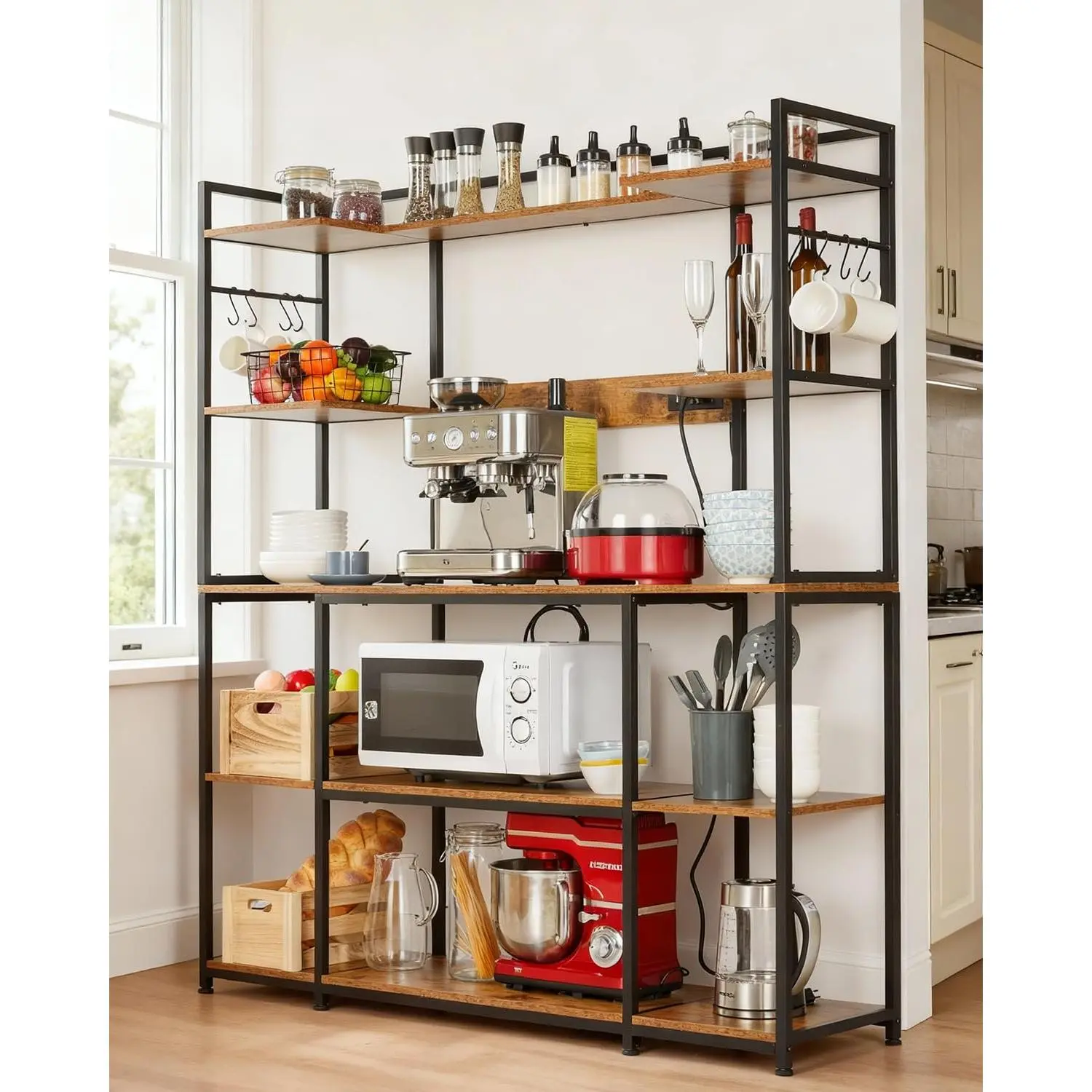 Industrial Rustic Brown 4-Tier Bakers Rack, Wood & Metal Microwave Storage Stand with Power Outlet, Equipped with 6 S Hooks, Multi-Purpose Organizer for Spices, Cookware, Kitchen and Dining Room