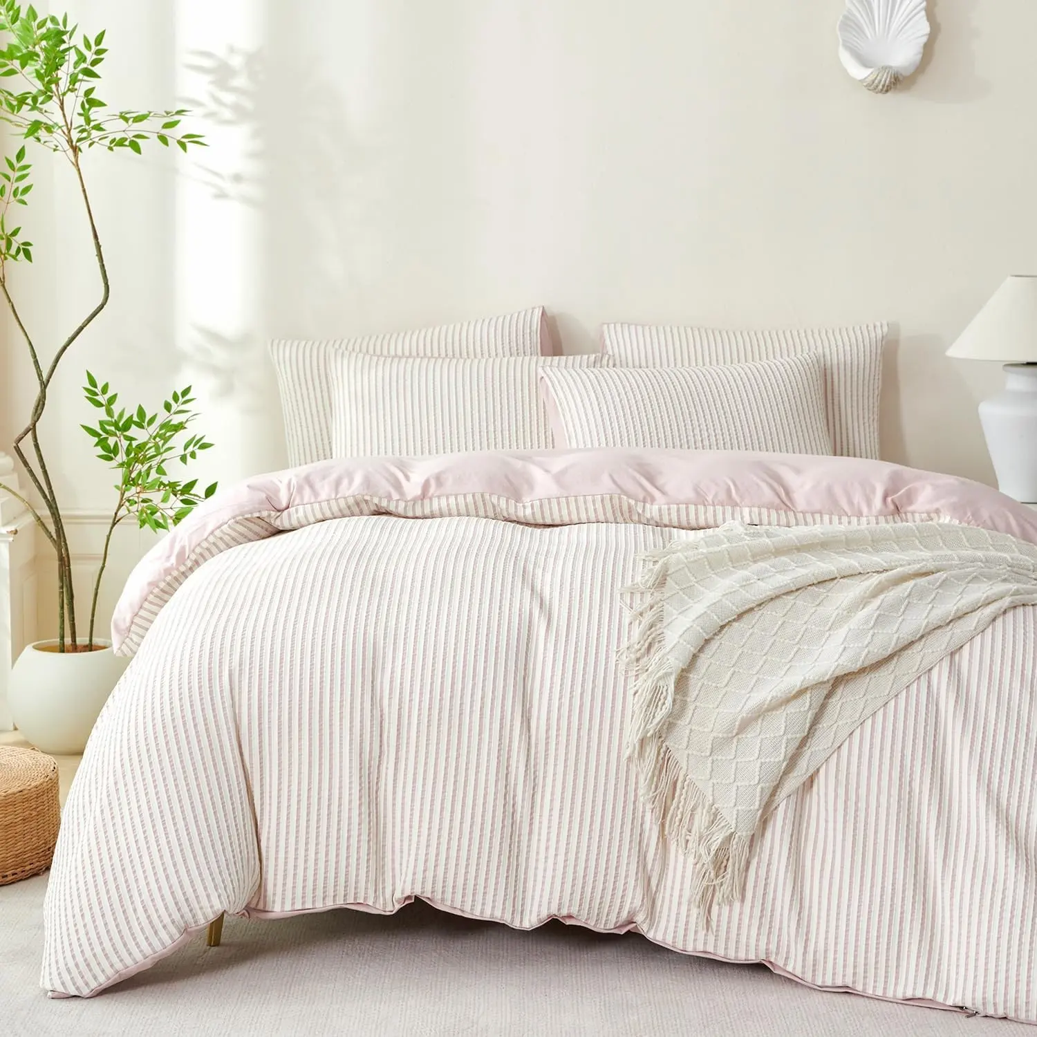 Queen Size Soft Luxury Dusty Pink Vertical Ticking Stripes Comforter Set - 3 Piece Washed Microfiber Jacquard Bedding Set with 2 Pillowcases, Breathable Durable Comfy
