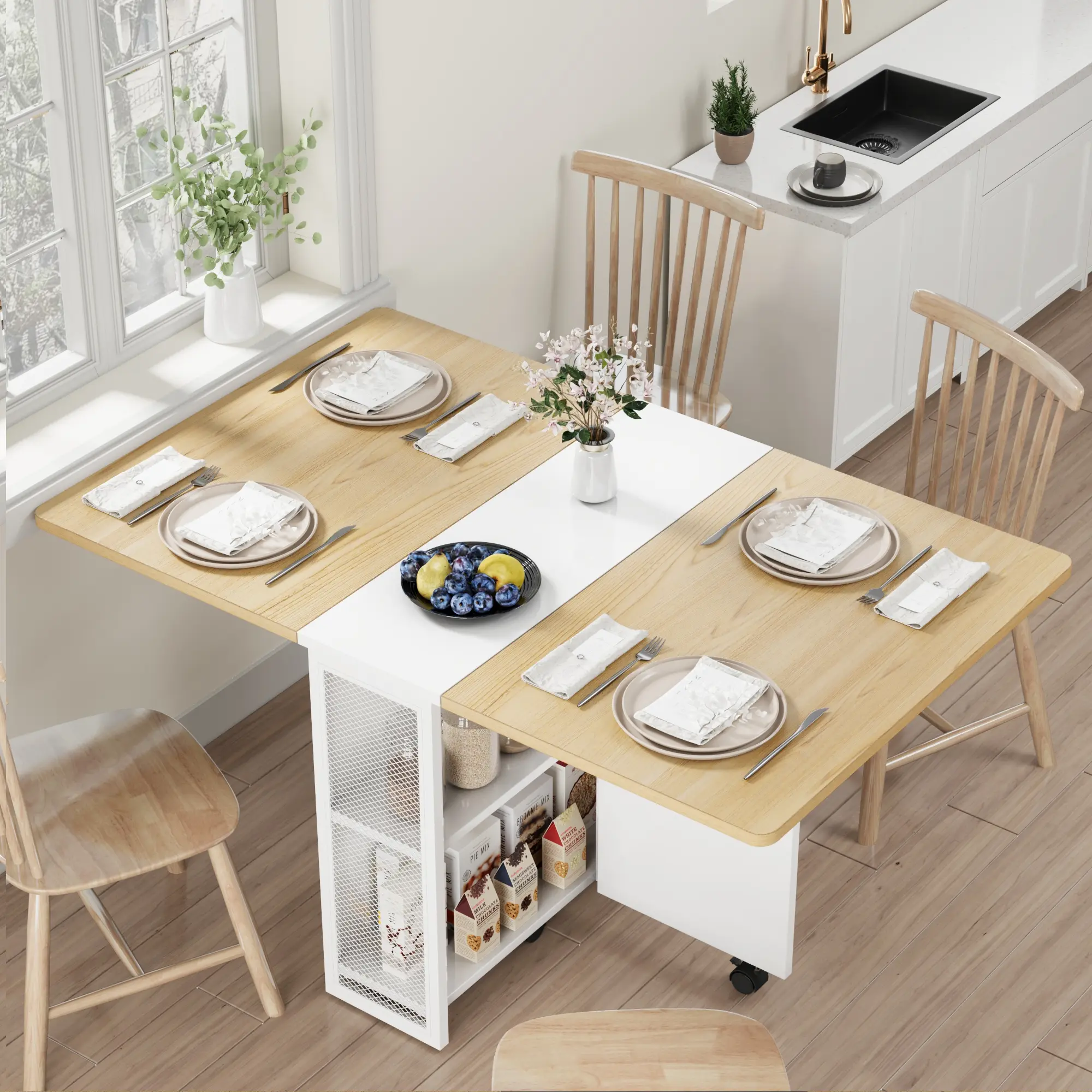 Space Saving Folding Drop Leaf Dining Table, Expandable Rectangular Table with 2-Tier Storage Shelves & Lockable 6 Wheels, Collapsible Kitchen Desk for Small Apartments Dining Room