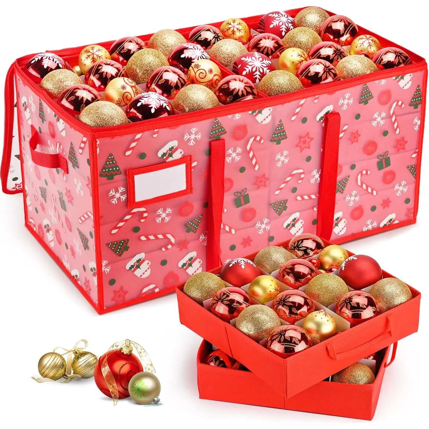 Plastic Christmas Ornament Storage Box with Adjustable Dividers,  Christmas Storage Containers Keep 128 Capacity,  Zippers, Ornament Organizer to Store Holiday Decor-Gloves