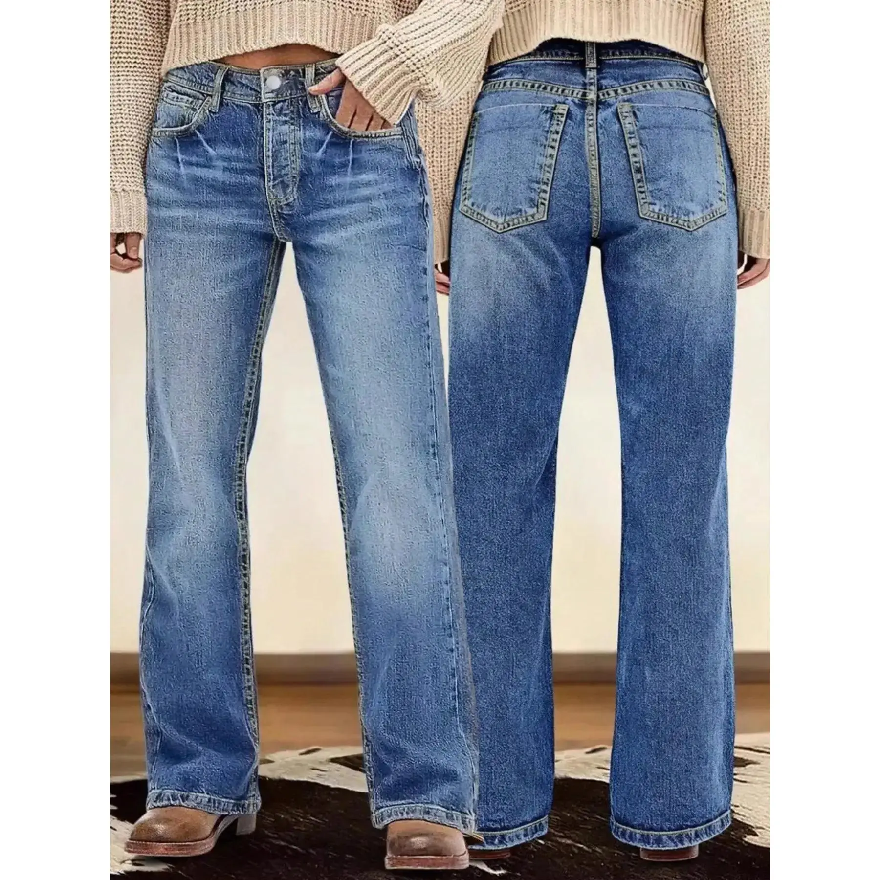Women’s Vintage Washed Straight Leg Jeans - All Seasons American Workwear Style, Distressed Look, Starched, Versatile Casual Denim Bottoms