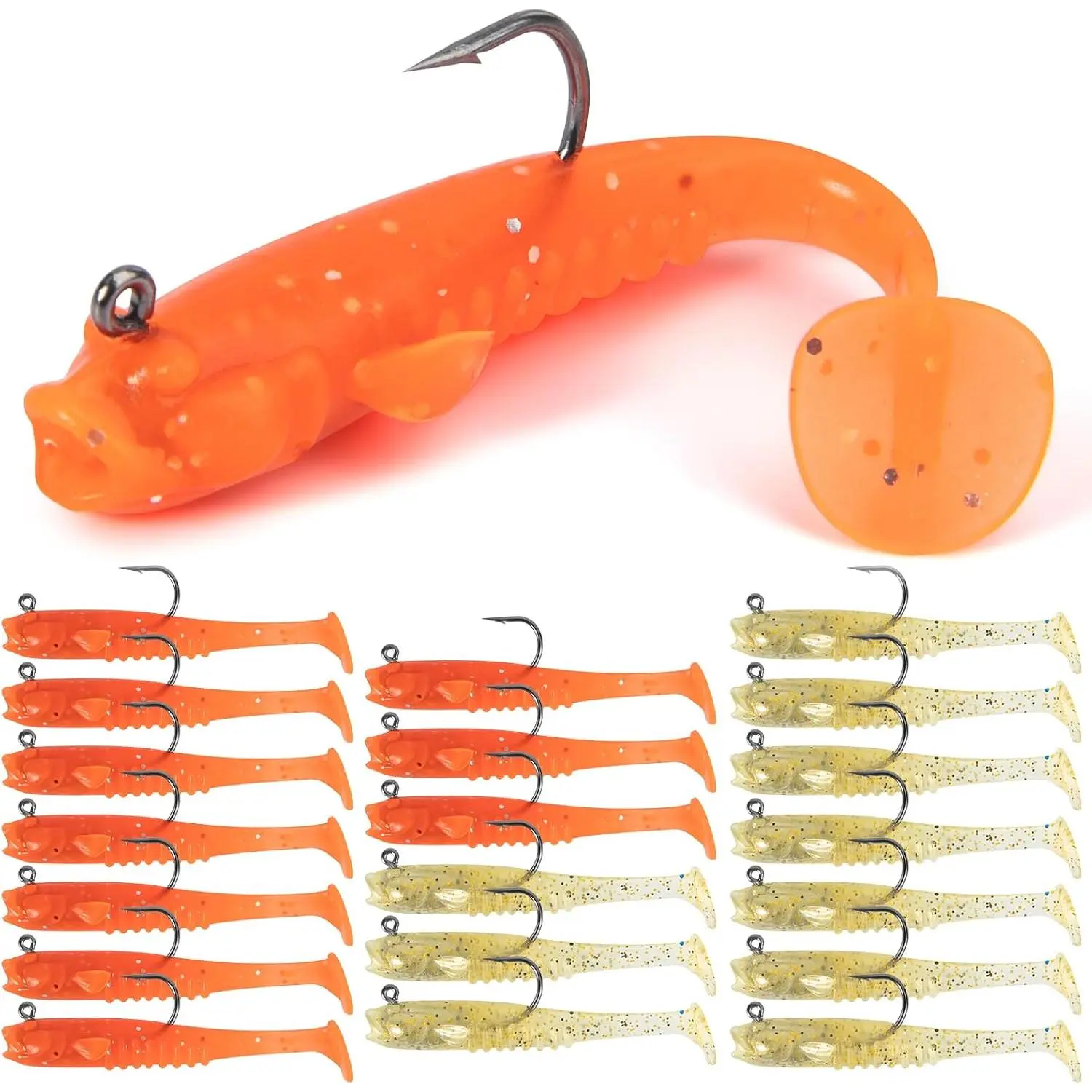 20 count Soft Paddle Tail Fishing Lures – Pre-Rigged Swimbaits with Weighted Hook – Realistic Bass  for Freshwater & Saltwater Fishing
