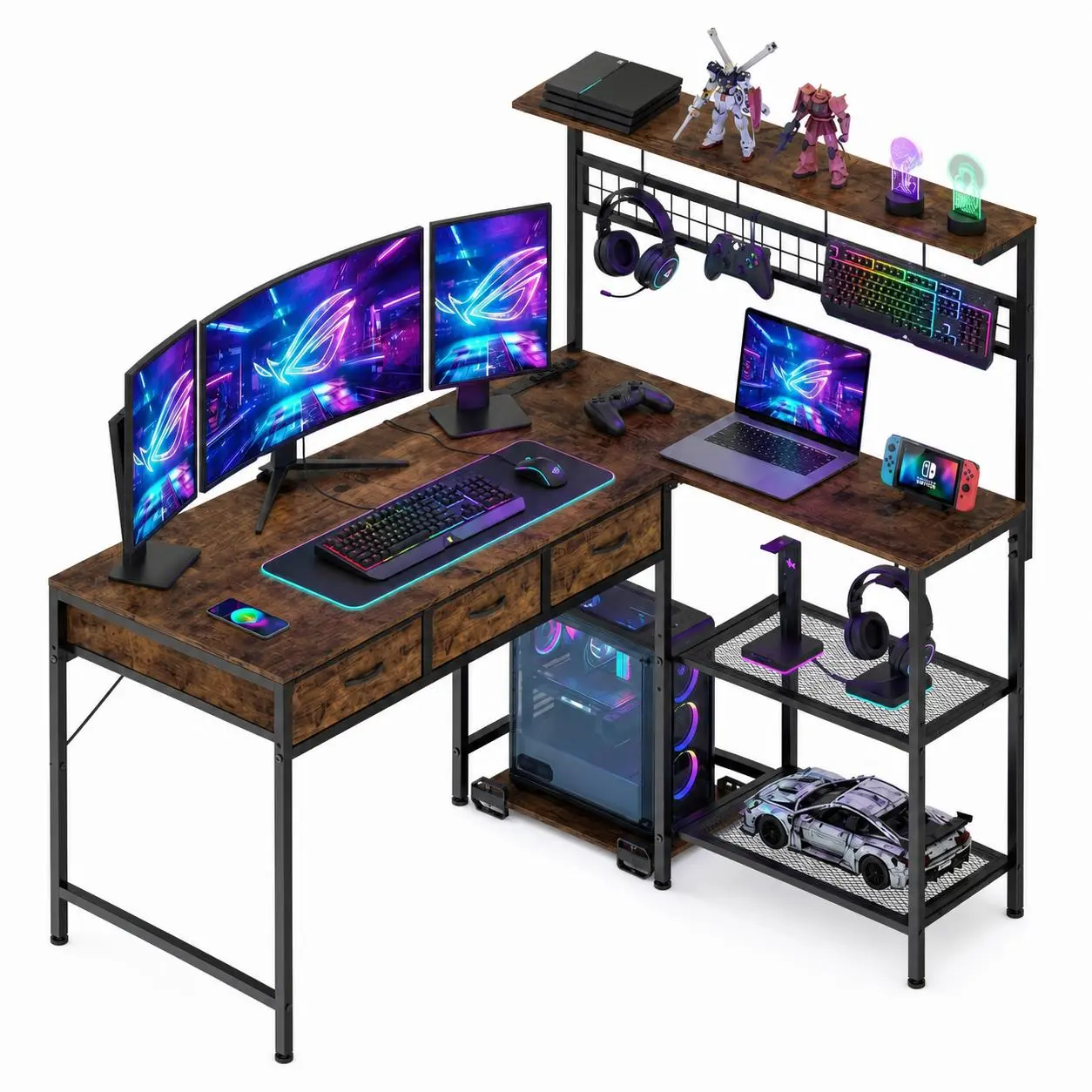 L-Shaped Computer Desk with Power Outlets & LED Lights – 3-Tier Storage Shelves, Drawer, Reversible Wooden Workstation, Sturdy Corner Gaming & Office Table – 50.4 Inch Desk for Study or Living Room – Sunset Cloud Color