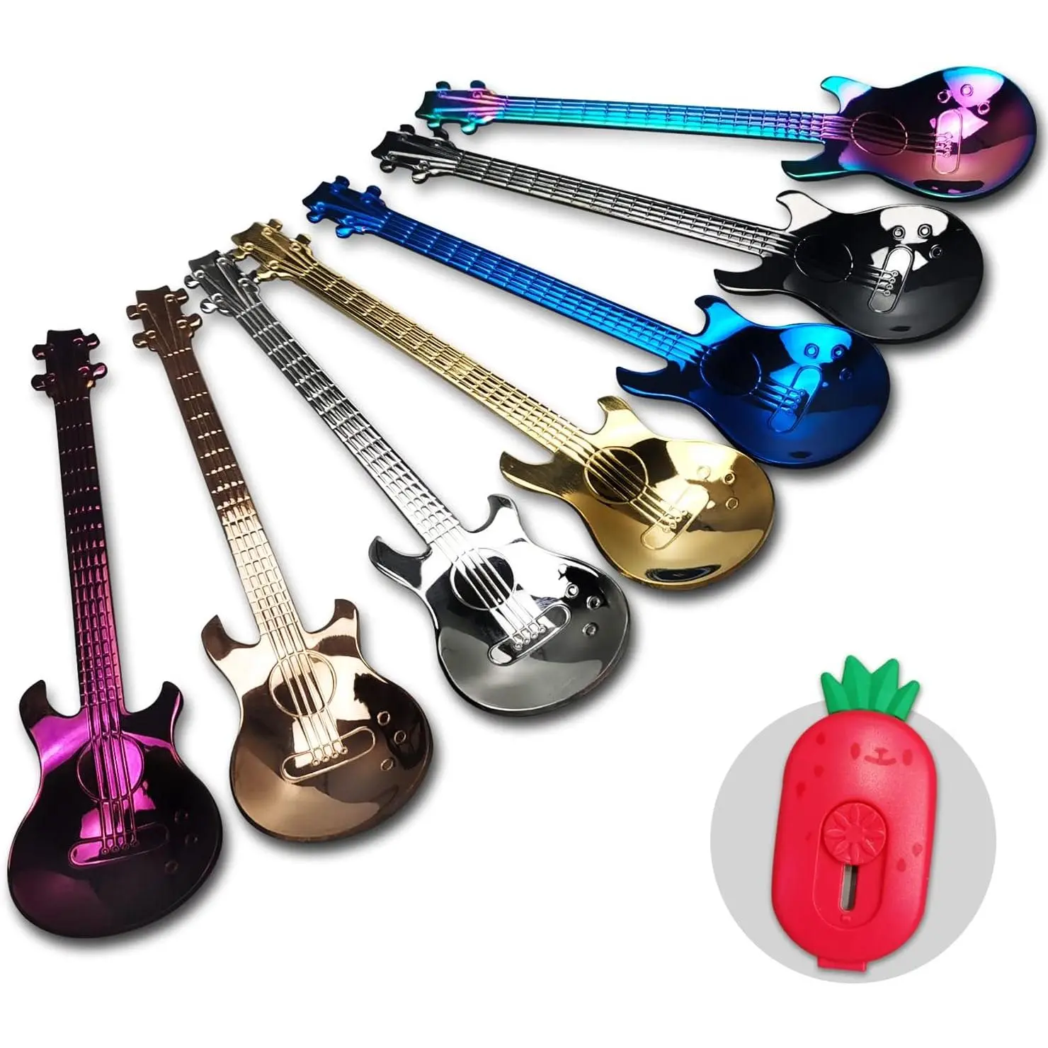 Guitar Dessert Spoons Coffee Teaspoons Set, Stainless Steel Colorful Dessert Spoons, Cute Demitasse  Scoop for Stirring Drink Mixing Milkshake Jam(Lucky 7)