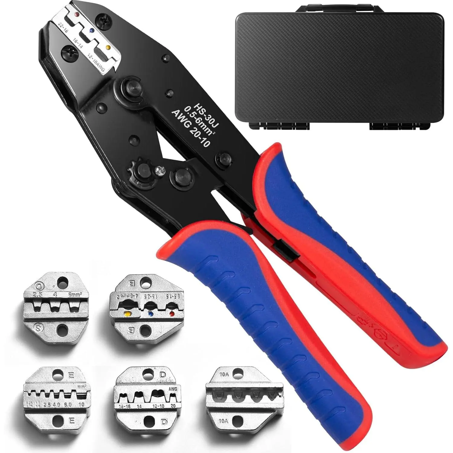 Crimping Tool Set, Ratchet Wire Crimper Tool For Heat Shrink, Insulated Nylon,Non-Insulated,Ferrule Wire End, Open Barrel Terminals, Solar Connectors - Crimper with 6 Interchangeable Die