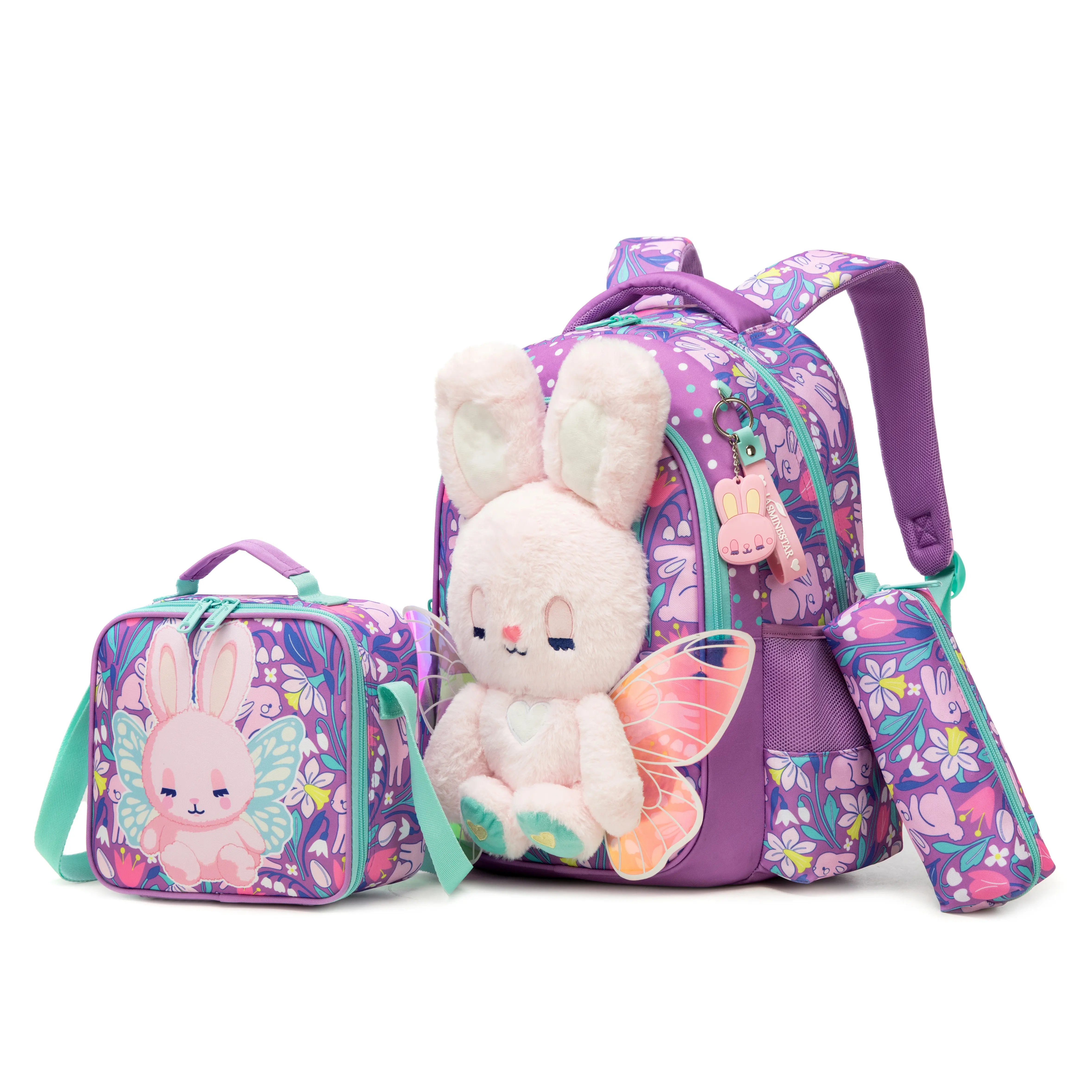 Cute 3D Plush Butterfly Bunny Backpacks for School, Girls' Purple Floral 3-Piece Set with Insulated Lunch Box & Pencil Case