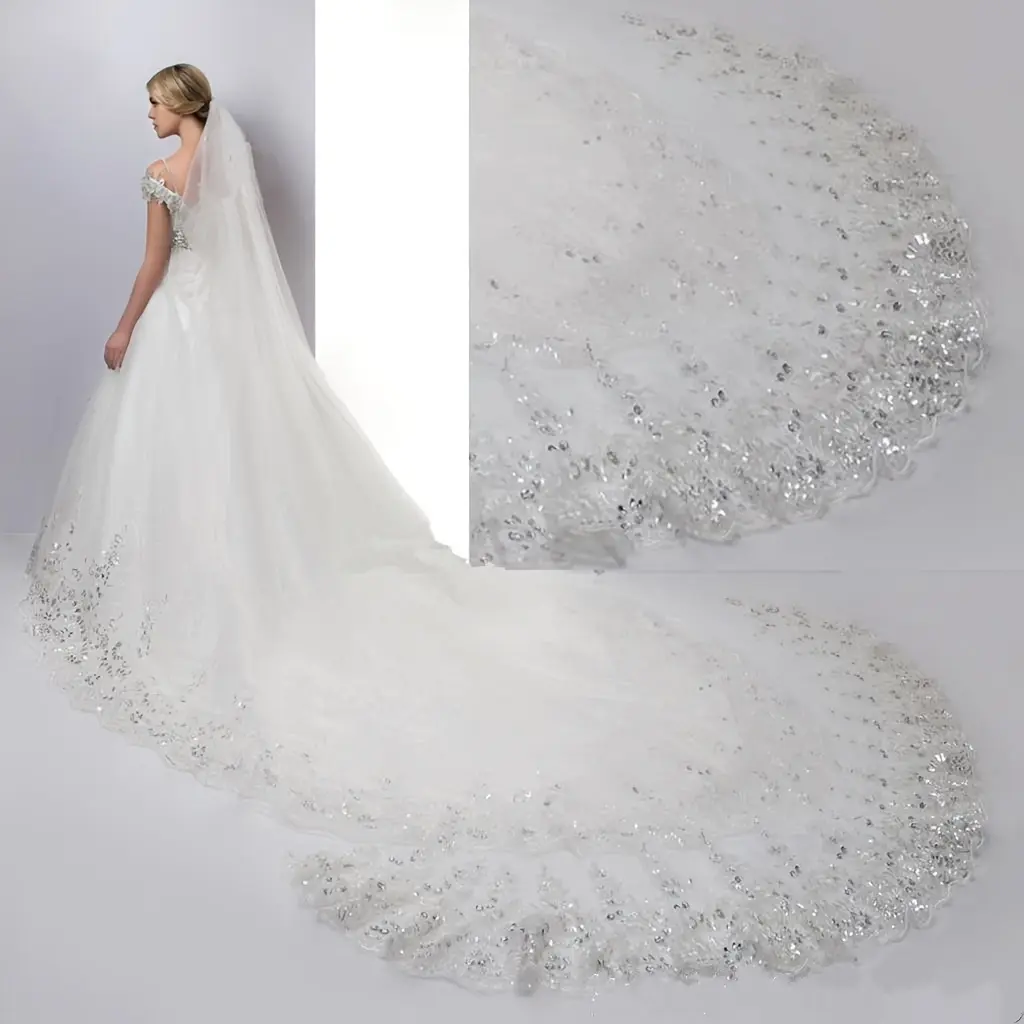 1pc 3m Single-Layer White Tulle Wedding Veil with Elegant Lace Trim, Cathedral Train Bridal Veil with Light-Reflection Effect, Classic Wedding Dress Accessory