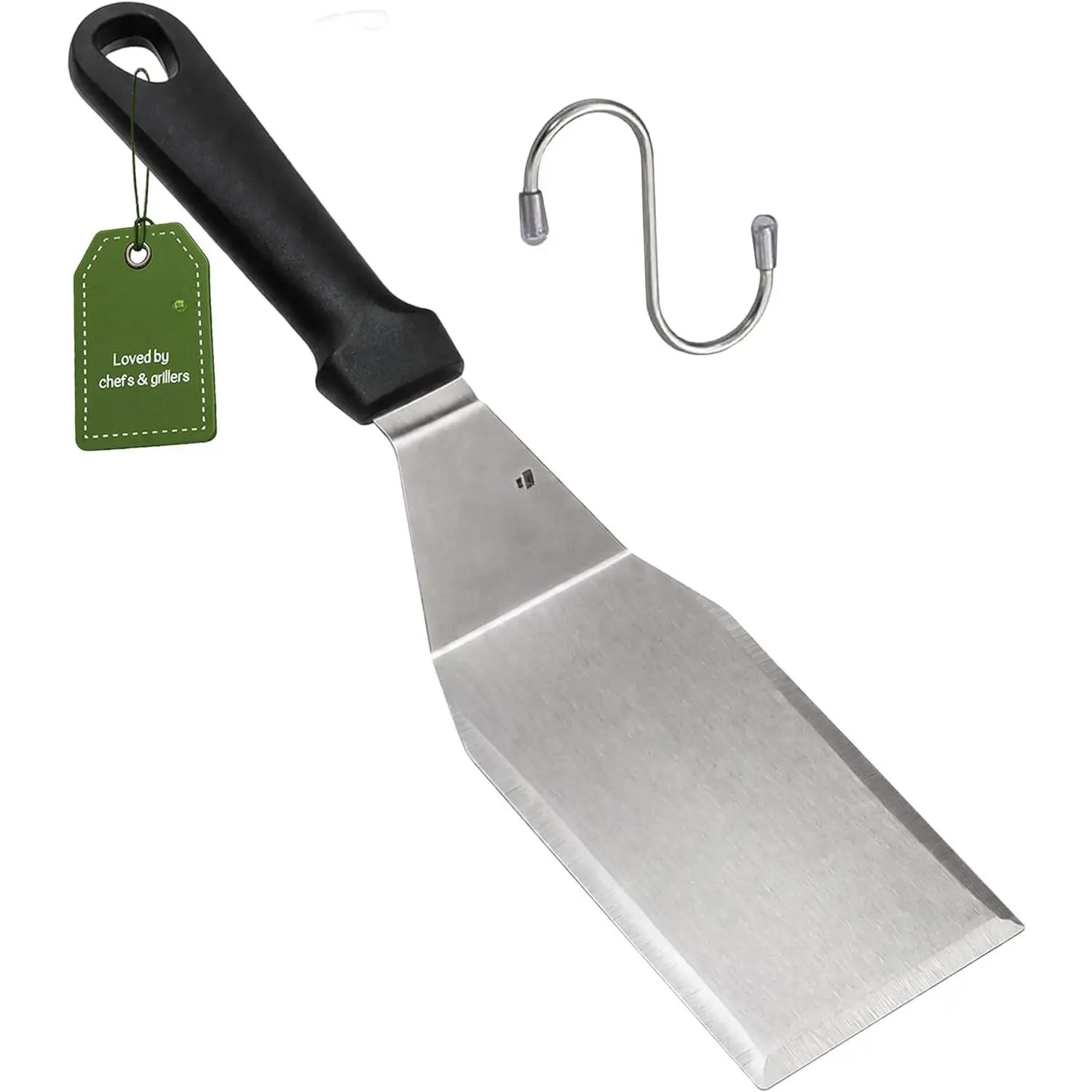 Stainless Steel Metal Spatula, Hamburger Turner with Black Handle and S-Hook