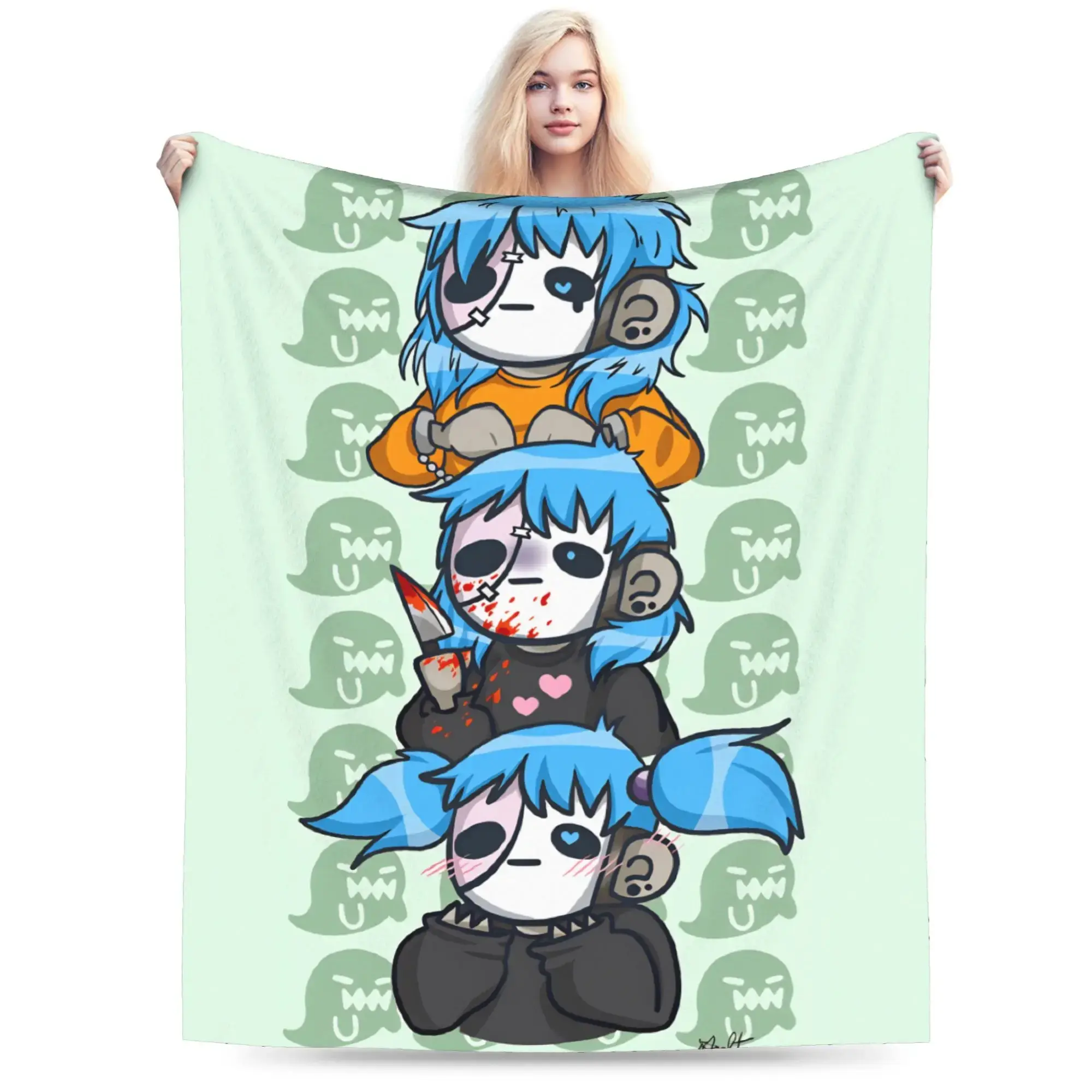 Sally Face Triple Chibi Sally Flannel Throw Blanket Cute Cartoon Sally Stack Green Ghost Repeating Background Sofa Fan Blanket