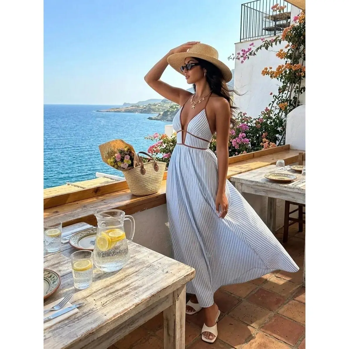 Women's Hawaiian Print Maxi Dress Spaghetti Strap Summer Sundress Casual Long Beach Vacation Outfit
