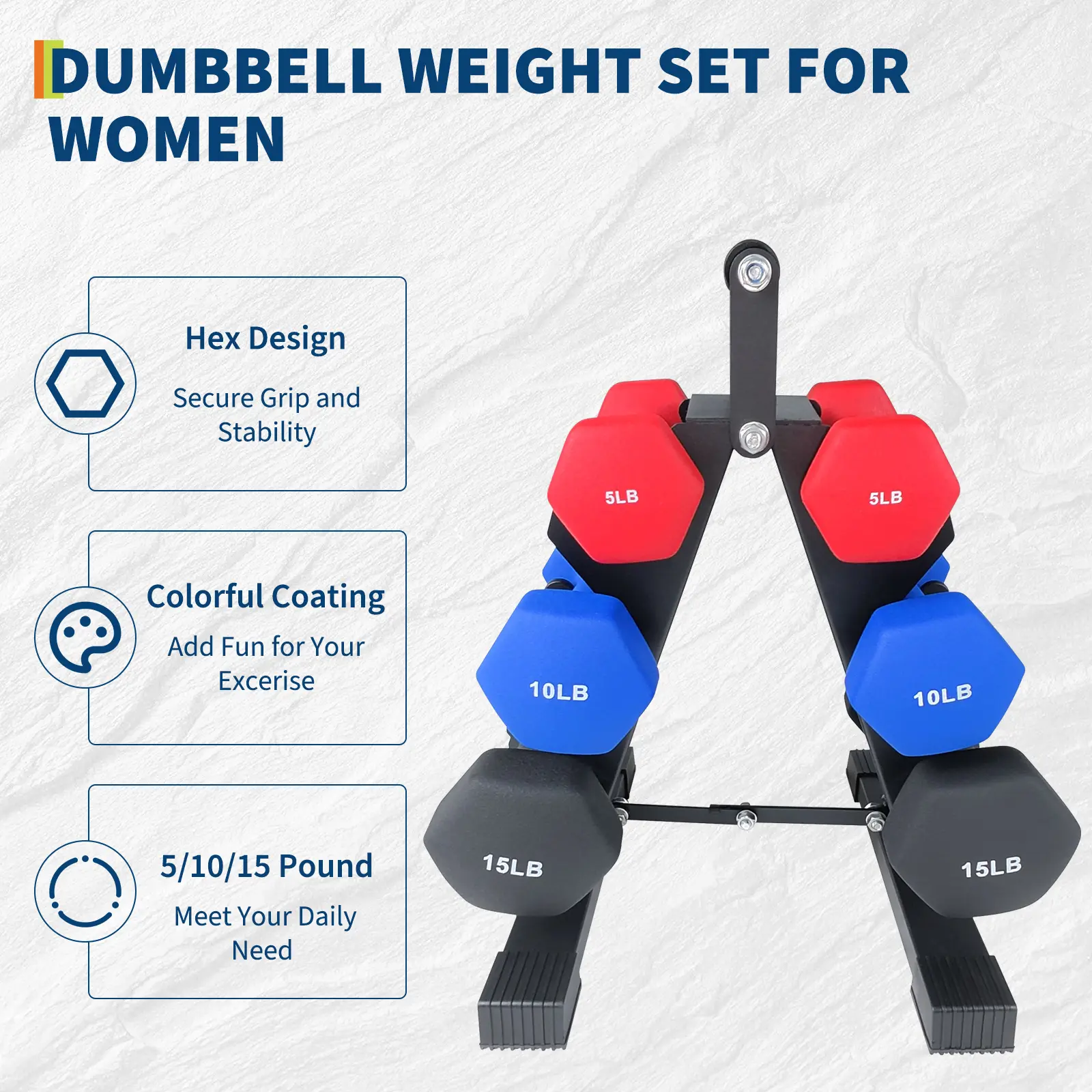 (1/2/3,  5/10/15 LB)  Colorful Neoprene Dumbbell Weights Set - Home Gym Hand Weights with Storage Case/Rack, Comfortable Non-Slip Dumbbells for Strength Training, Multi-Color