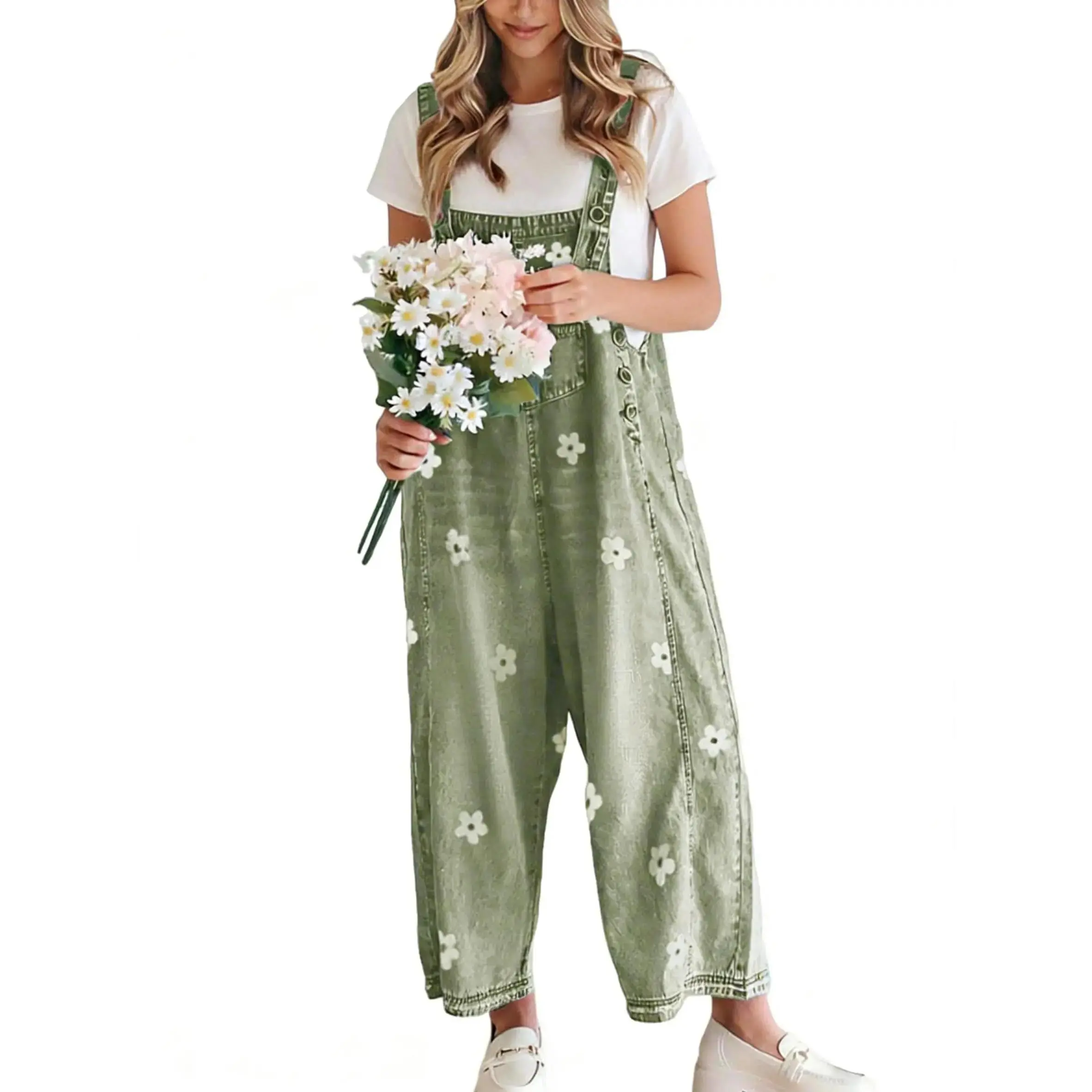 Women's Bib Overalls, Cute Floral Print Denim Jumpsuit with Baggy Wide Leg and Adjustable Straps, Fashion Apparel