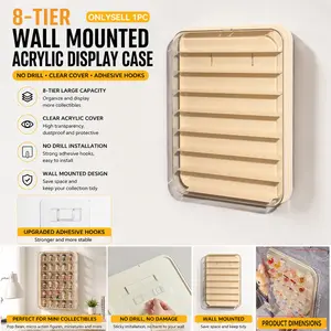 8-Tier Wall Mounted Acrylic Display Case with Clear Cover, No Drill Tiny Figure Storage Showcase Organizer Box with Adhesive Hooks for Pop Bean, Micro Action Figures, Miniatures, Collectibles