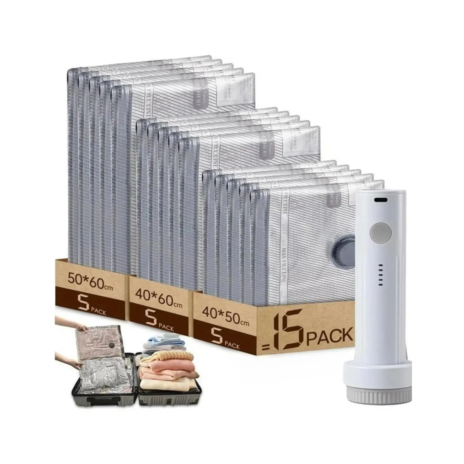 15-Pack Cordless Handheld Vacuum Sealer Storage Compression Bags (3 Sizes) - USB Rechargeable Pump with Built-In Battery, Waterproof Reusable Collapsible Home Organizer Space Saver for Clothes, Carry-On Suitcases