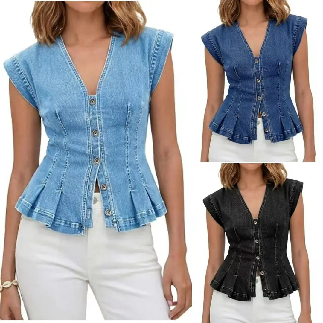 Women's Slim-Fit V-Neck Denim Vest - Sleeveless, Button-Up, Pleated, Fitted Basic Top for Casual Fashion Wear,clothes for back to school,first day of school outfits
