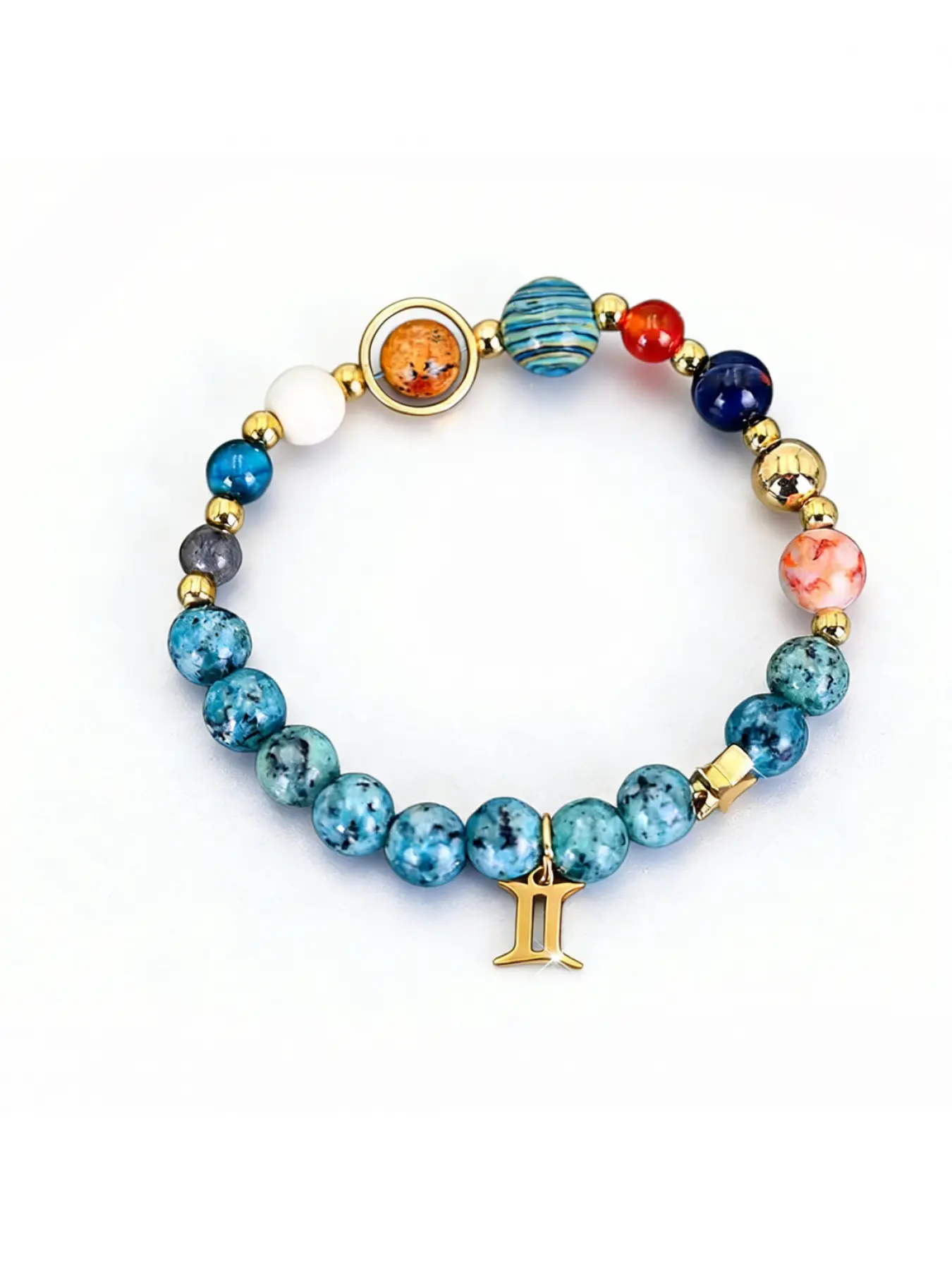 Unisex Constellation Planet Beaded Bracelet, Elastic Solar System Planet Bangle Plated with Gold Made of Natural Blue Base Spotted Color Stones, Bohemian Spiritual Astrology Style, Daily Meditation Accessory & Gift for Birthdays, Couples and Best Friends