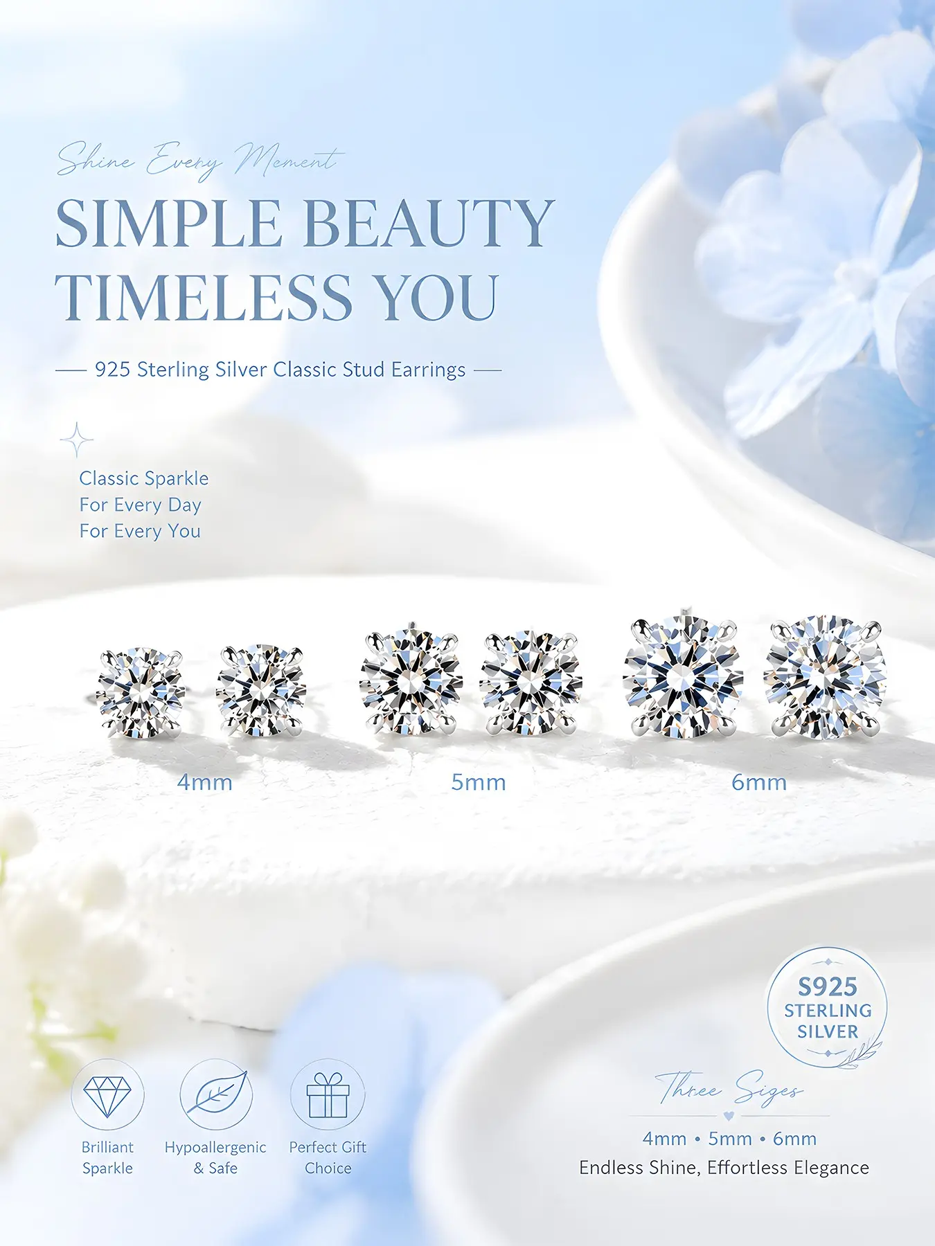 Elegant S925 Silver Zircon Stud Earrings for Women, Classic Four Claw Design, Hypoallergenic, Sparkling Ear Jewelry, Fashionable Daily Wear Jewelry