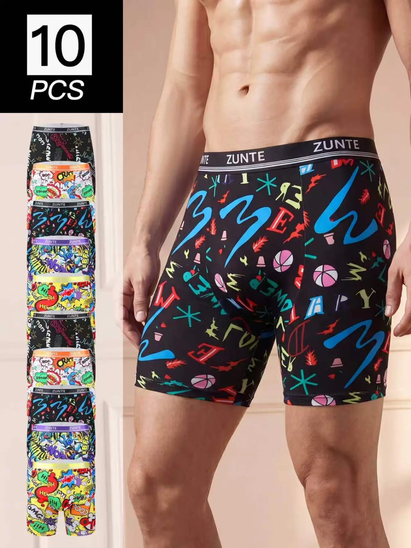 10 Pcs/Pack Men's Printed Long Leg Boxers Briefs, Anti Chafing Underwear, Quick Dry Moisture Wicking Breathable Boxer Briefs, 4-Way Stretch No Ride Up Athletic Underwear for Running Gym Cycling Sports