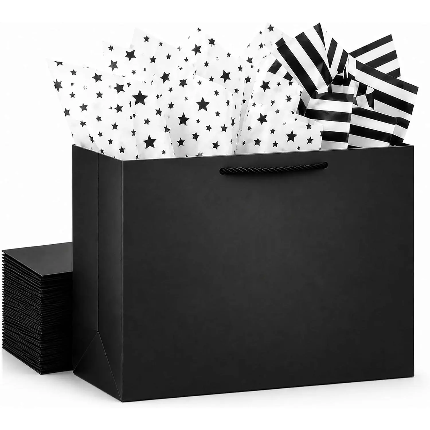 10 Pack  Black  Bags, Large  Bags with Tissue Paper, 16x6x12 inches,  Bags for Small Business, Bridal Showers, Wedding, Christmas
