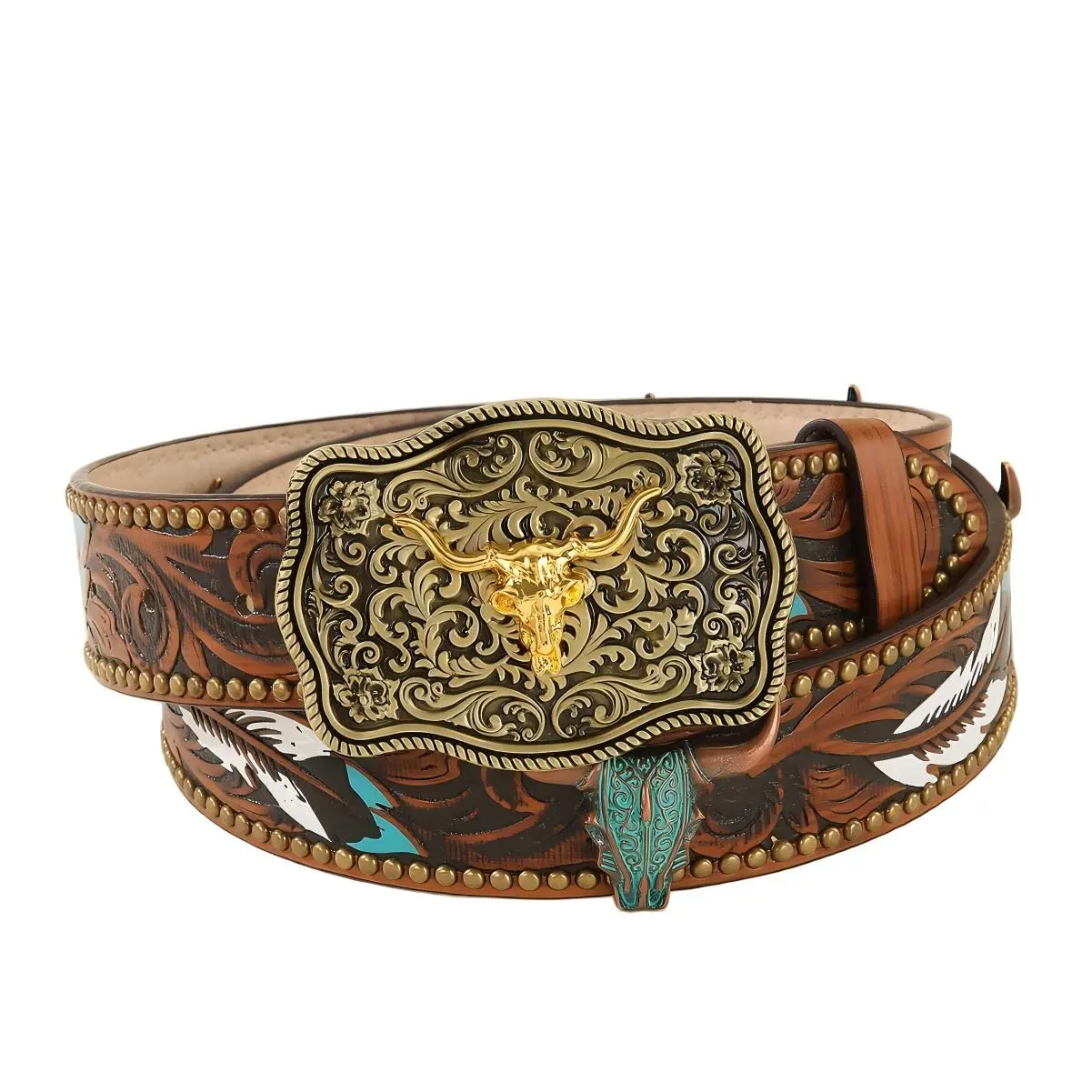Gold Longhorn Buckle Western Belt Unisex Feather Embroidery Festival Wear