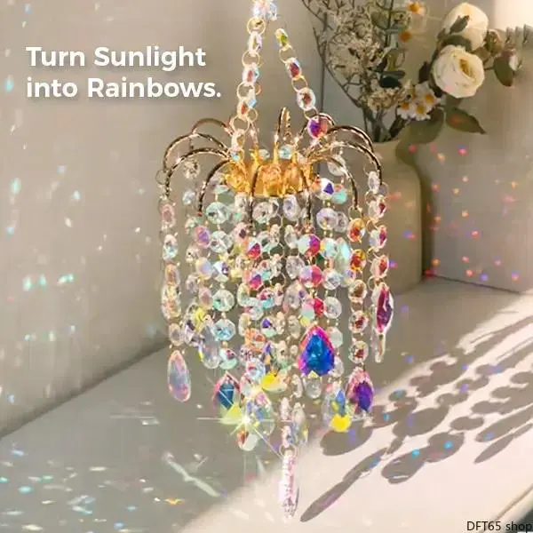 16-Inch Gold Metal Framed Artificial Crystal Hanging Sun Catcher - Light-Refracting Prism Assembly, Cast Rainbow Light, Weather-Resistant Hangable Decoration for Window, Garden DIY Bag Accessory