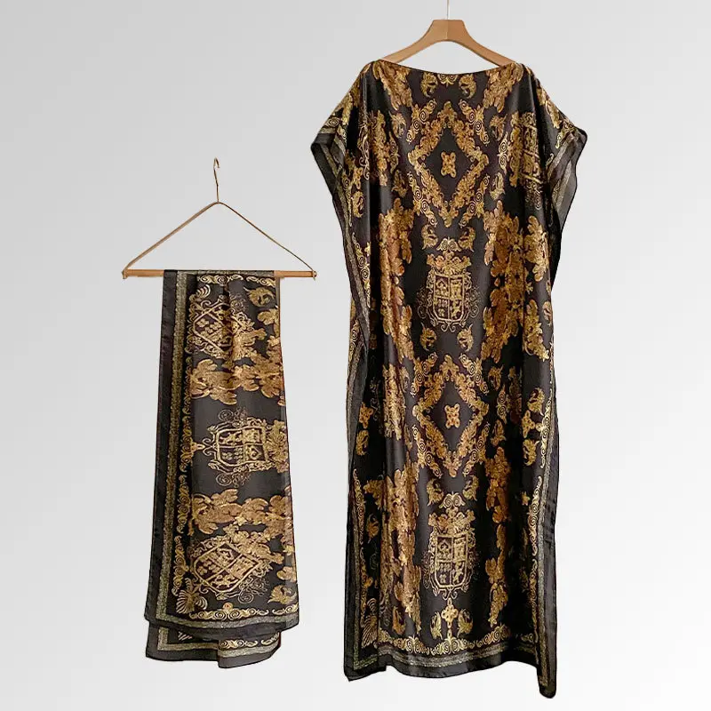 Women's Floral Print Long Dress & Scarf Set,Boho Casual Shawl Dress & Scarf Set for BeachVacation Holiday, Ladies Clothes for AllSeasons Women's Floral Print Long Dress & Scarf Set,Boho Casual Shawl Dress & Scarf Set for BeachVacation Holiday, Ladies Clothes for AllSeasons