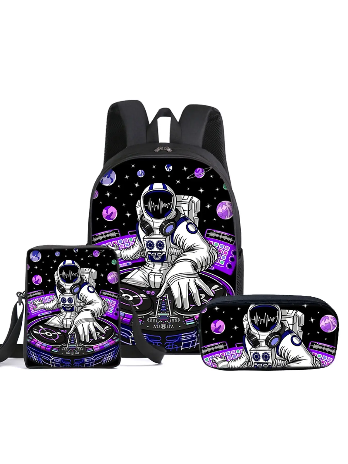 16-inch Backpack 3-Piece Set with Cool Astronaut 2D Print (Single-layer Backpack + Mini Crossbody Bag + Single-layer Pencil Case). Suitable for outdoor trips and daily school use. All essentials in one set, ideal as holiday gifts for kids and friends.