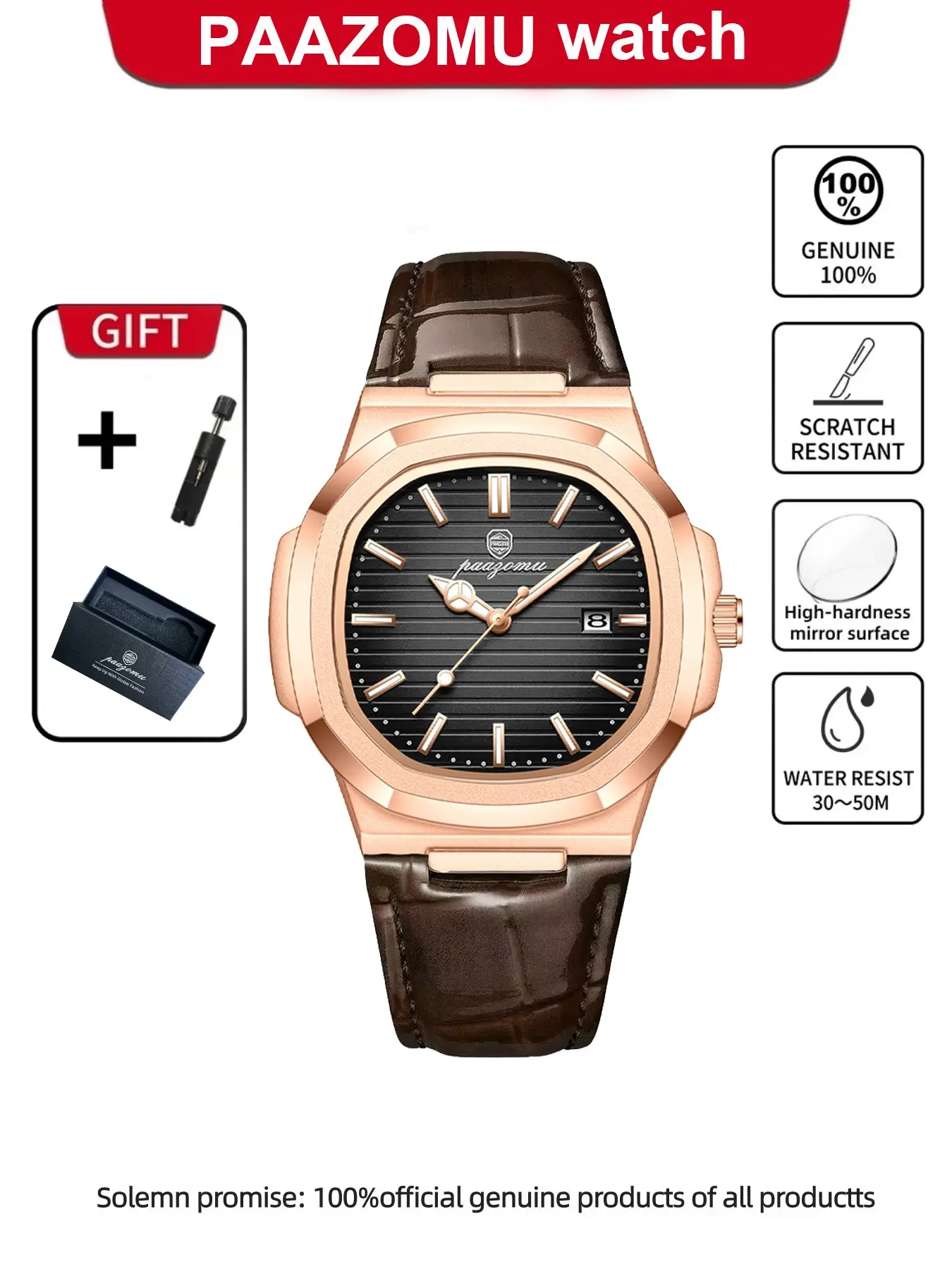 Paazomu Luxury Square Man Watch, Fashion Quartz Watch, Waterproof Luminous Men's Wristwatch, High Quality Leather Quartz Watch, Includes Box, Reloj