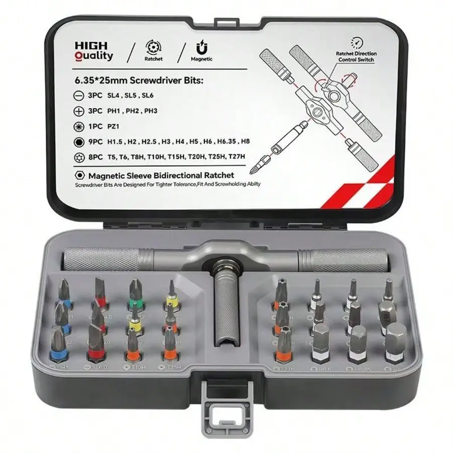 Precision Ratchet Screwdriver Set, 24-In-1 Magnetic Screwdriver Bit Kit, Home Repair Tool Set, Detachable T-Ratchet Handle, Furniture Bike Computer Electronics Maintenance, Magnetic Screwdriver Tools