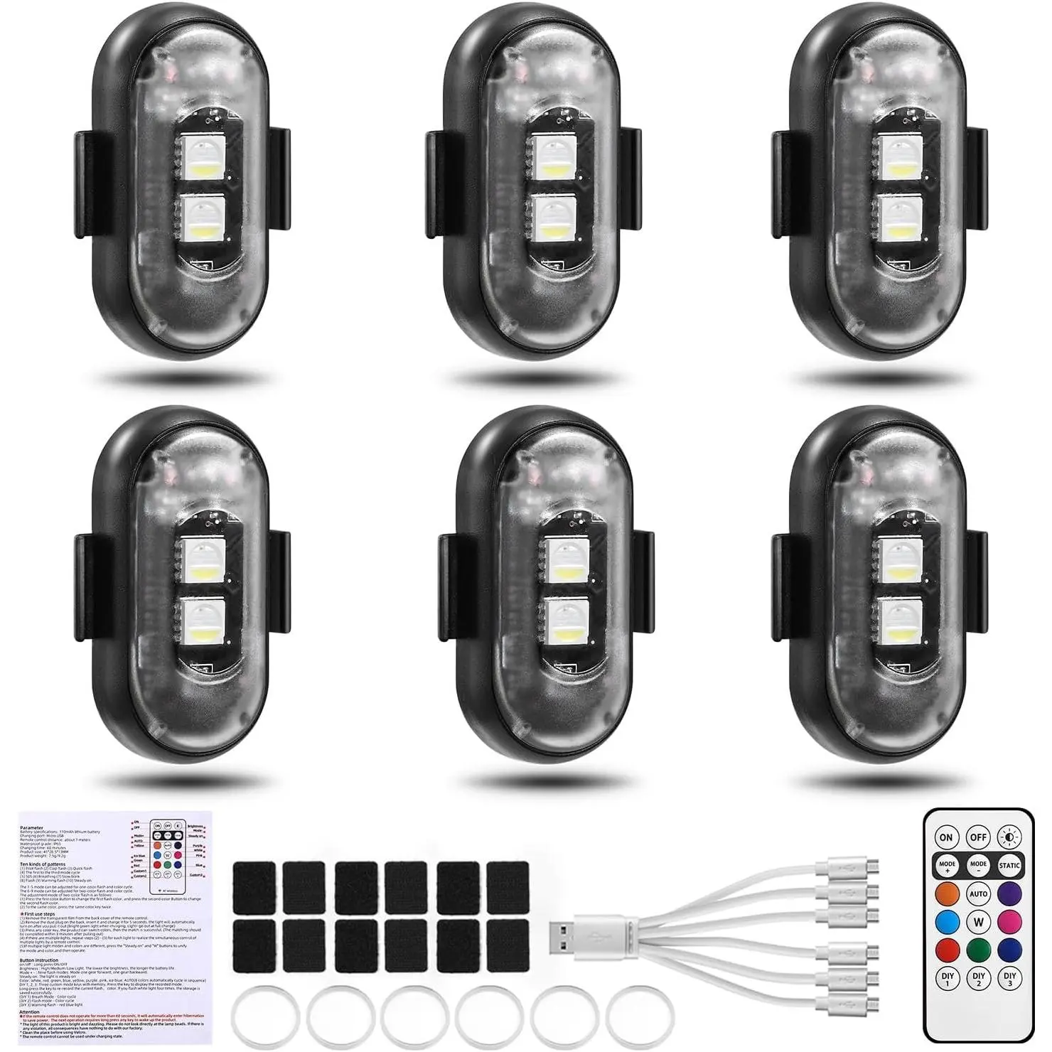 6PCS Wireless LED Lights for Car with Remote Control, Halloween Wireless LED  Lights Colorfur USB Charing IP65 Waterproof Anti-Collision Warning Light for Car Interior Truck Drone Aircraft Bike ,Car AccessoriesCar Lights Decor