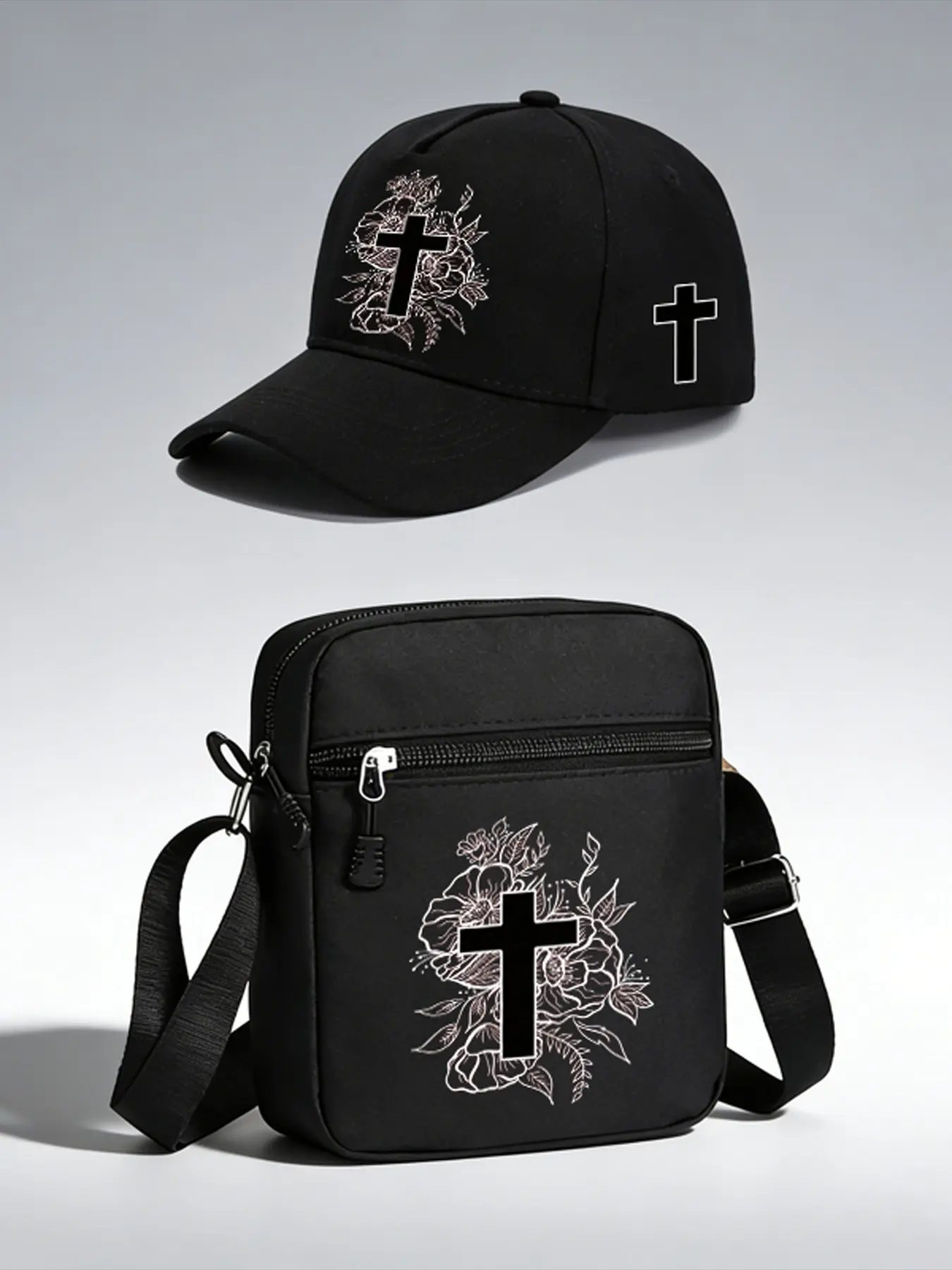 Cross and Floral Print Baseball Cap and Crossbody Bag Set, Adjustable Street Fashion Hat and Backpack, Ideal for Daily Wear and Gifts