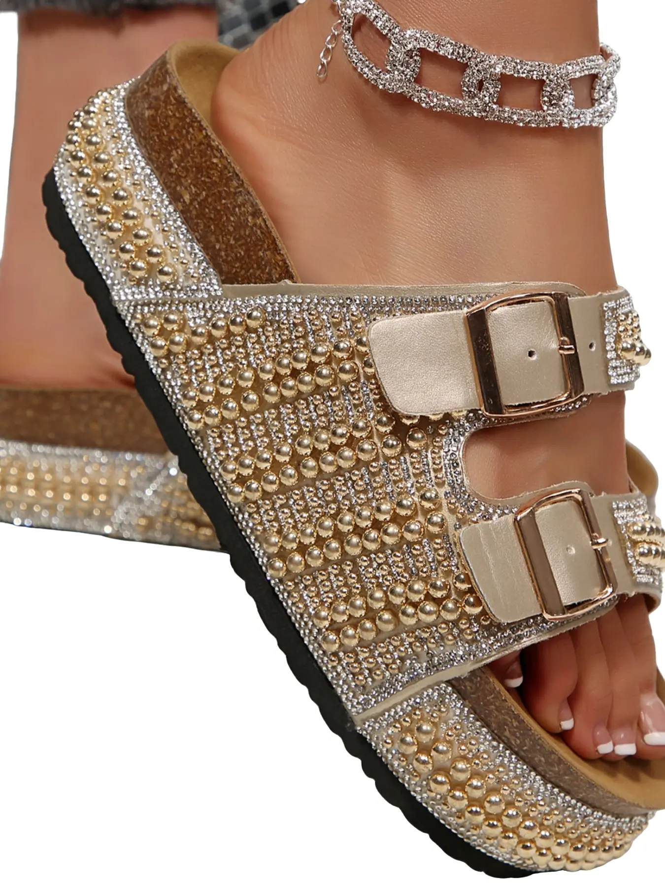 Women's Double Buckle Pearl Rhinestone Thick Sole Sandals, Open Toe Cork Insole, Luxury Style, Summer Outdoor Beach Shoes