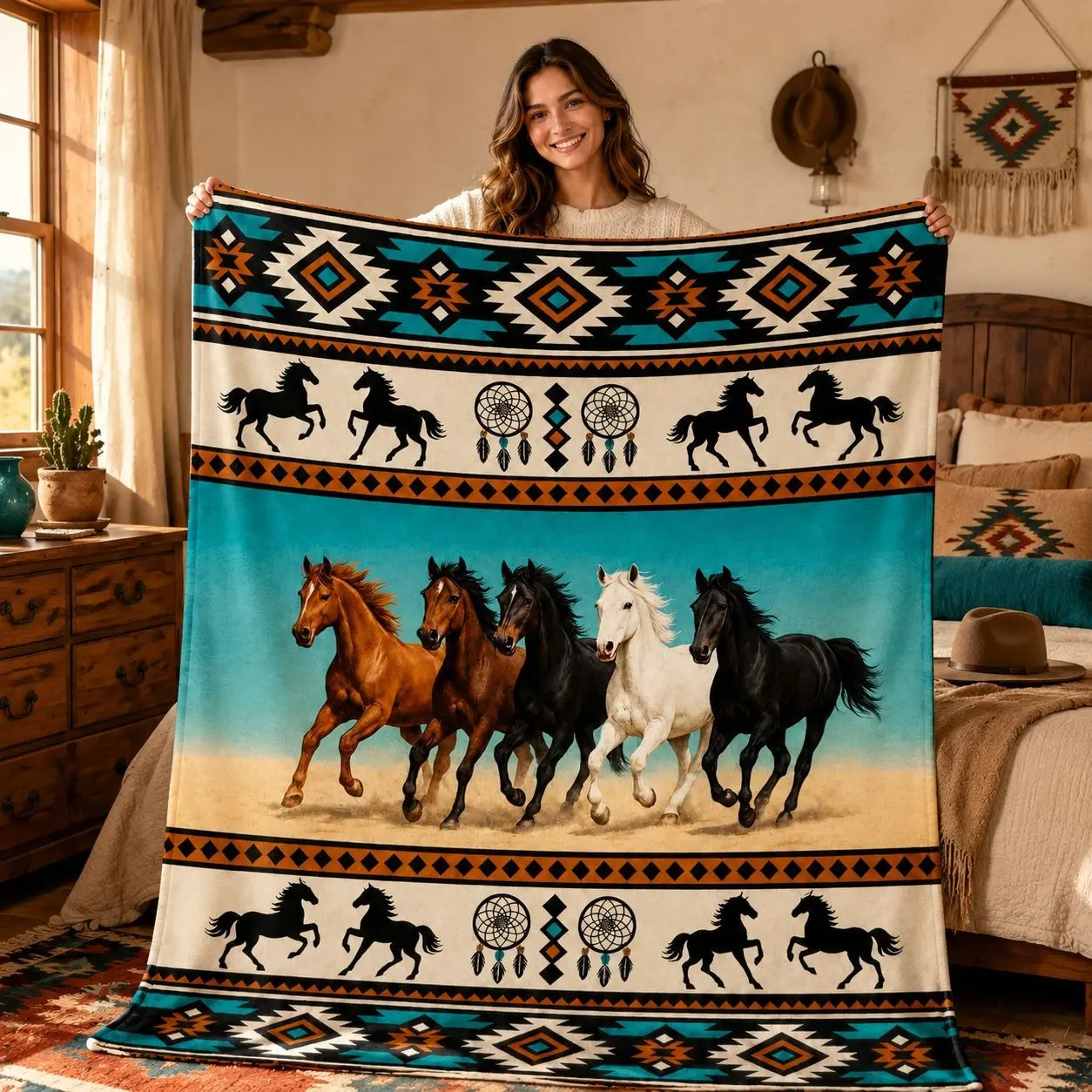 1pc Navajo Tribal Running Horse Dreamcatcher Fleece Blanket, Graphic Throw Blanket, Western Desert Horses Ethnic Geometric Border Print, American Southwest Cowboy Tribal Style. Soft Multi-use Throw for Sofa, Bed, Blanket For Couch