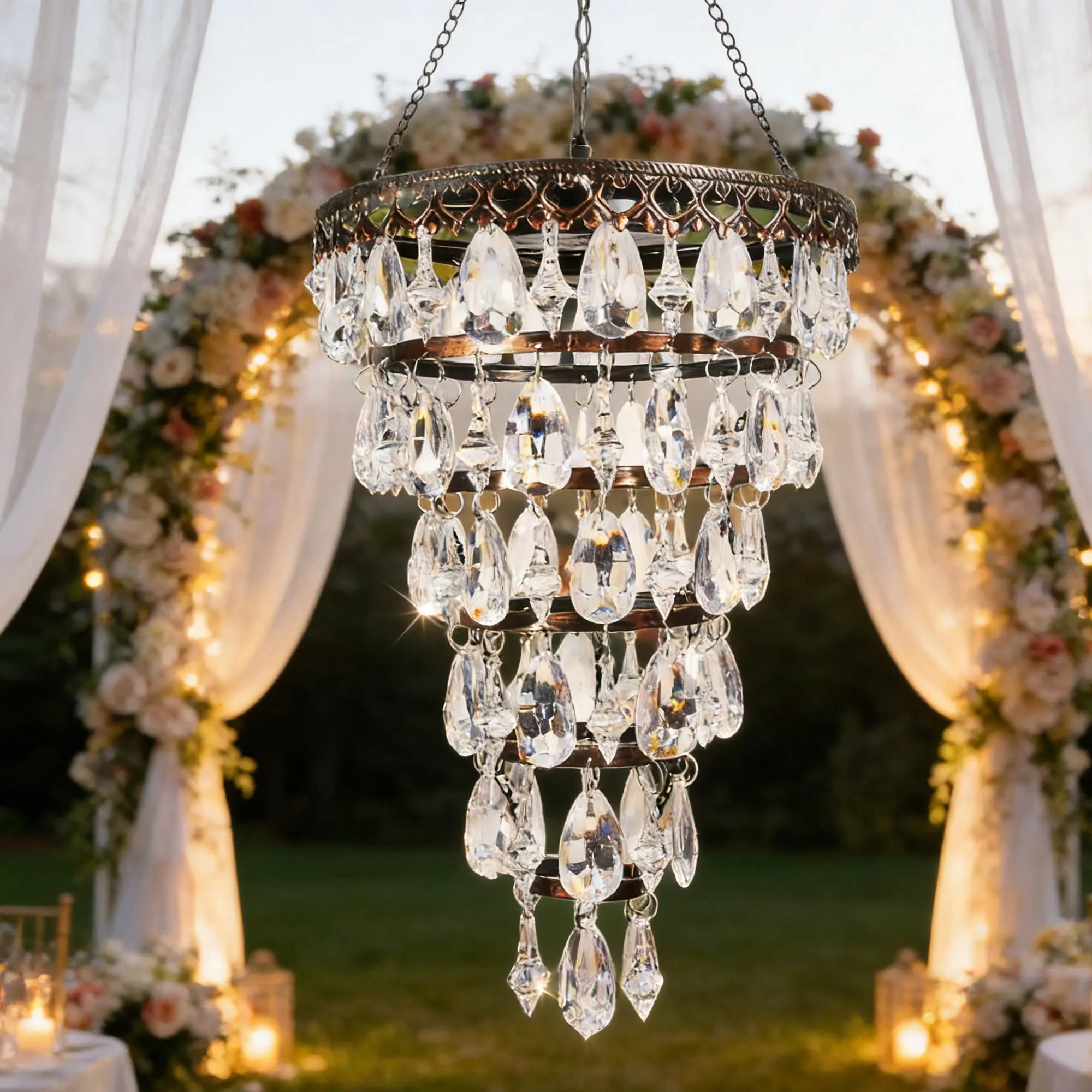 Solar Hanging Chandelier 6-Tier Crystal Outdoor Hanging Lantern With Warm LED Lights & 5ft Strip Waterproof For Garden, Patio, Gazebo, Wedding, Party Decoration