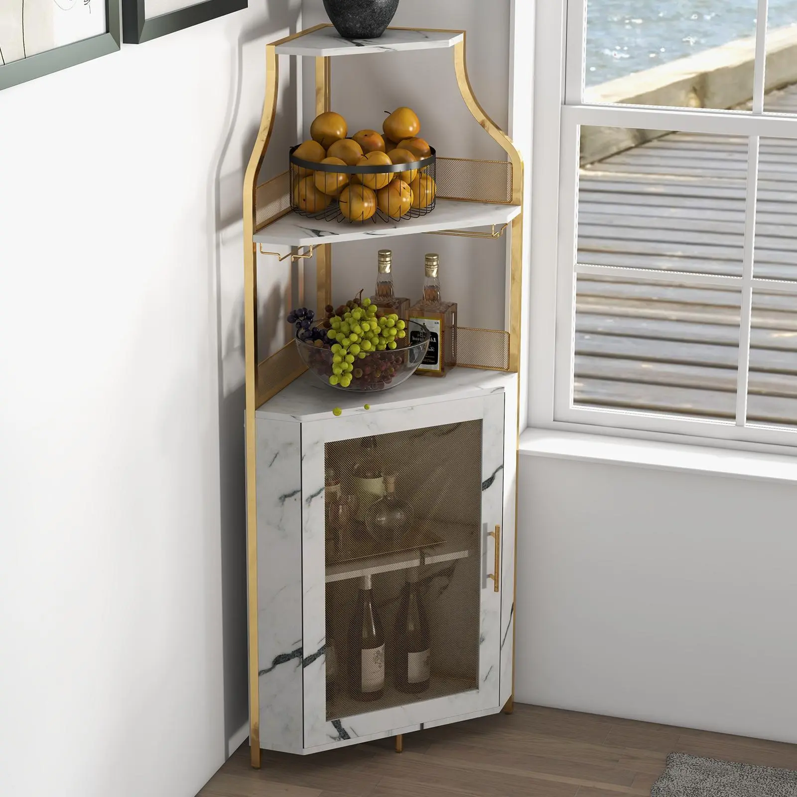 Industrial Corner Bar Cabinet with 5-Tier Wine Storage, Removable Glass Rack, Mesh Door, Adjustable Shelves, Glass Holder - Multipurpose Liquor and Wine Cabinet for Dining Room, Home Bar, Built-in Light