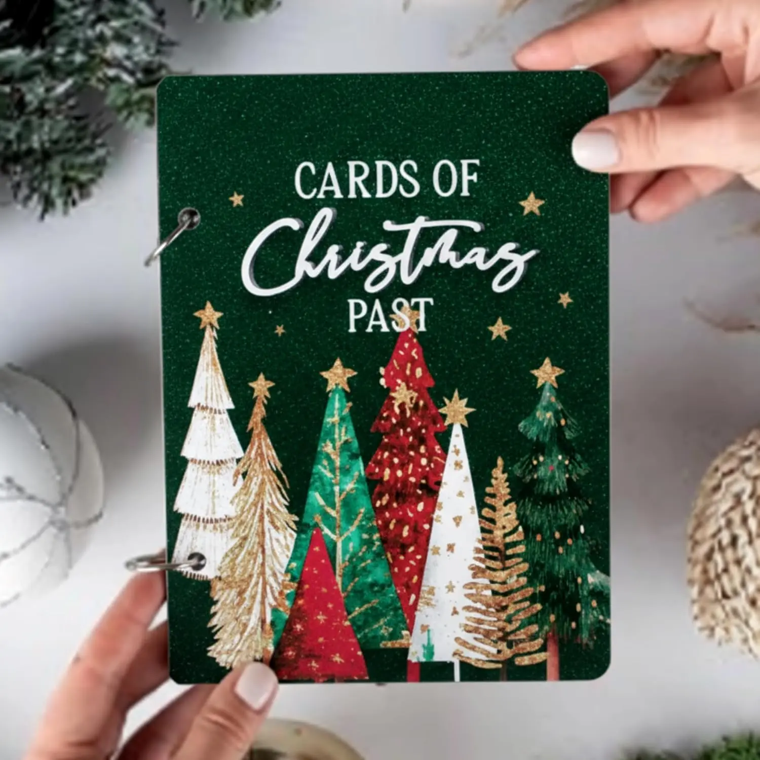 Wooden Christmas Card Keeper with 3  Ribbons,Pine  | Engraved Tree Snowflake Design, Ring Binder for Keepsakes and Greetings, Holiday Memory Storage, Personalized